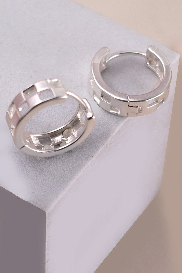 Silver Checkered Cutout Huggie Hoop Earrings - Madison and Mallory
