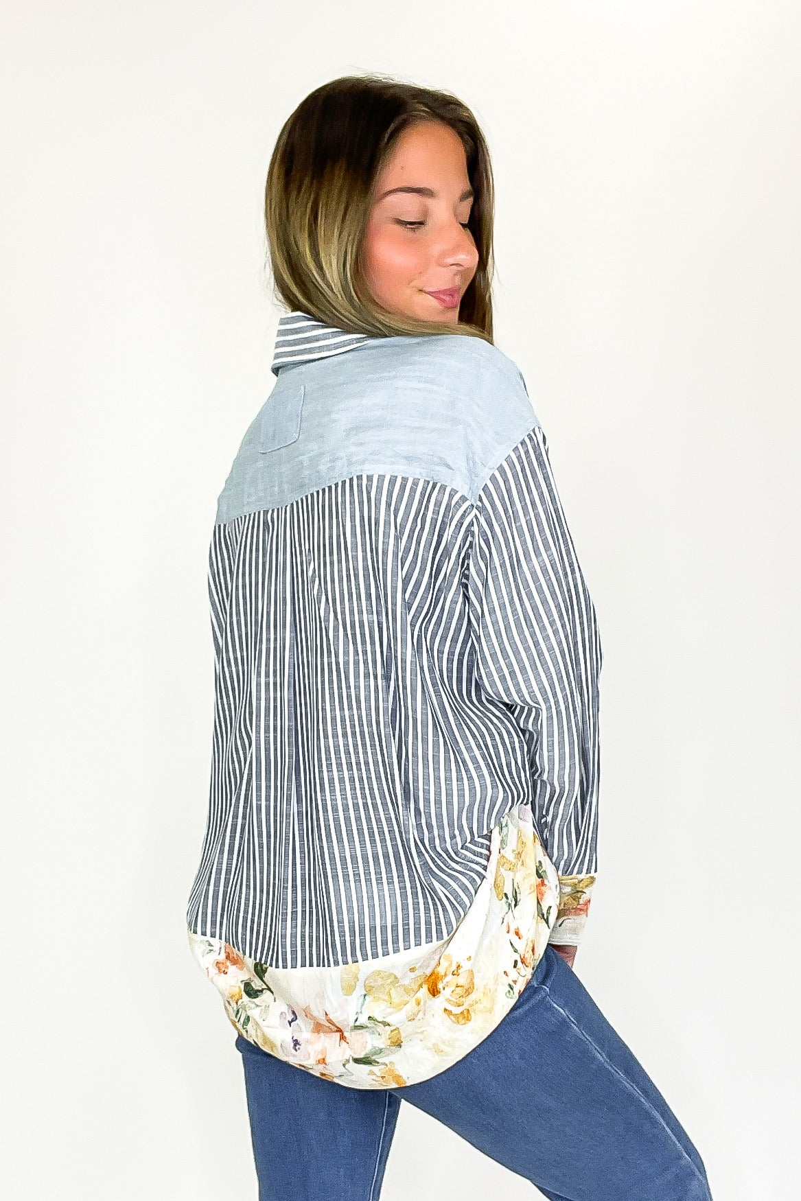 Garden Lines Relaxed Fit Long Sleeve Striped And Floral Top - Madison and Mallory