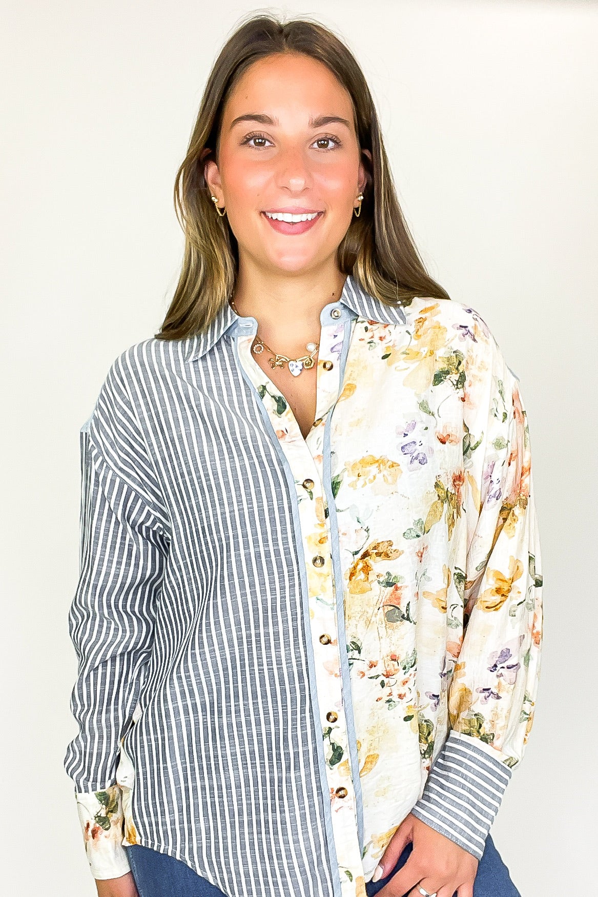 Garden Lines Relaxed Fit Long Sleeve Striped And Floral Top - Madison and Mallory