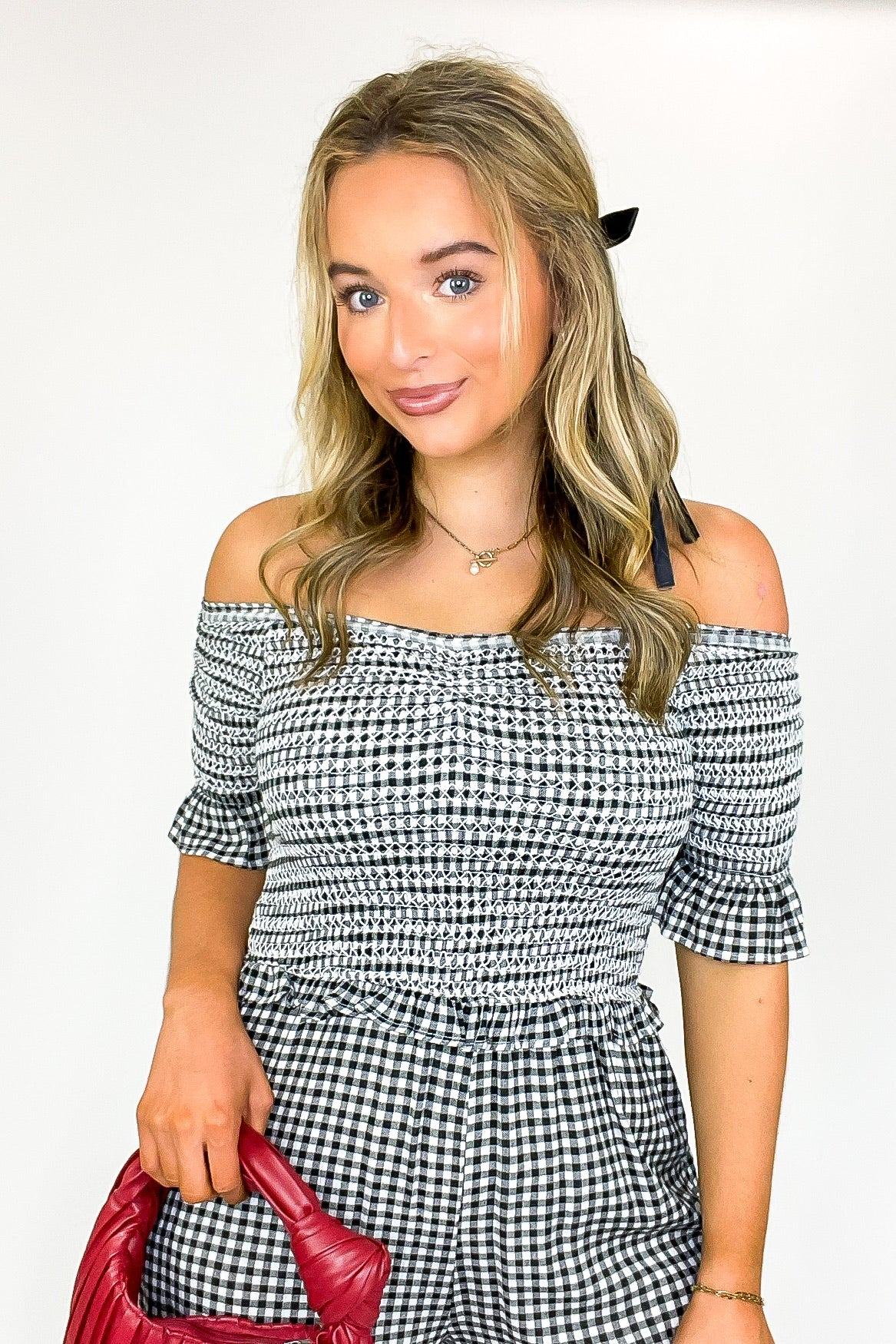 Dylan Off Shoulder Plaid Smocked Romper - Madison and Mallory