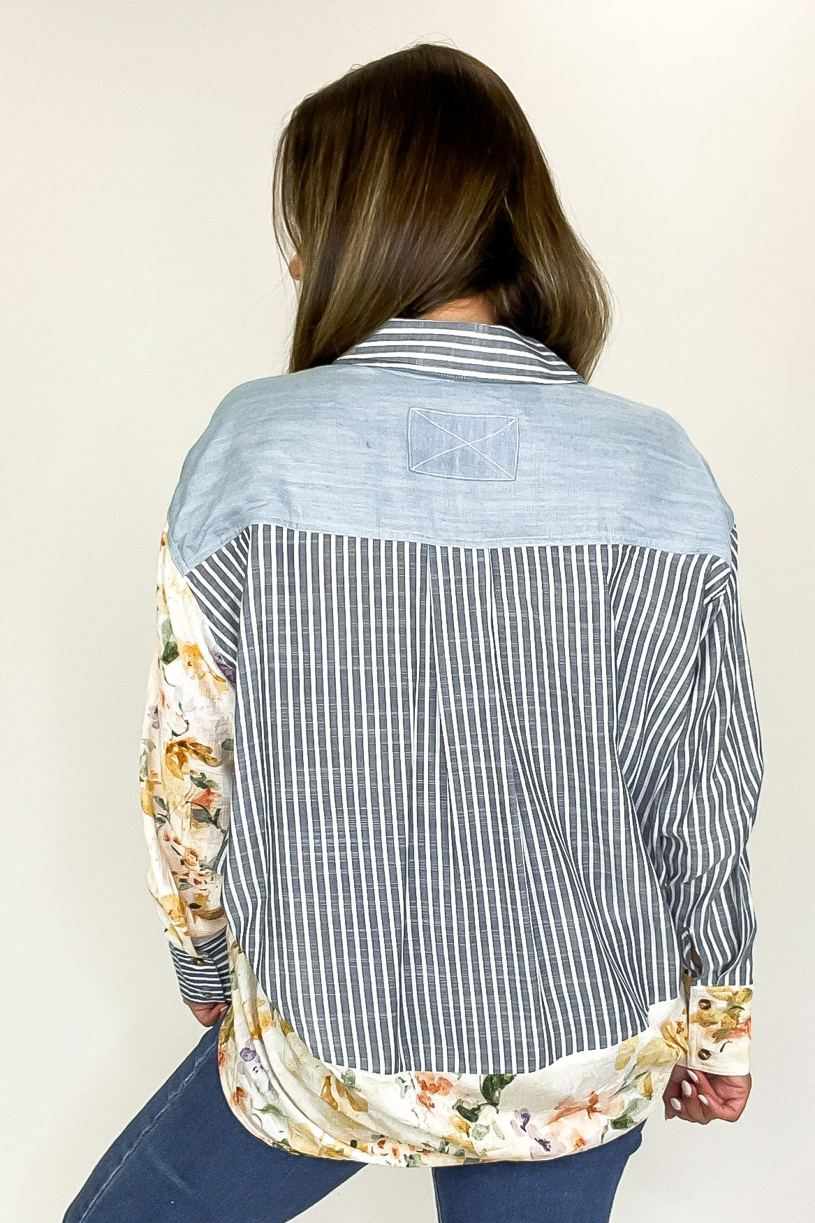 Garden Lines Relaxed Fit Long Sleeve Striped And Floral Top - Madison and Mallory