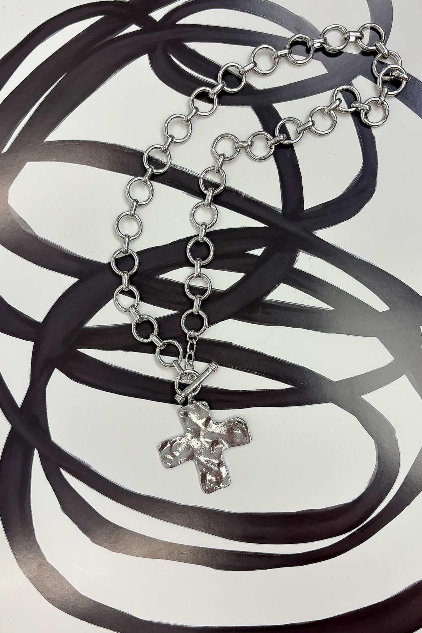 Silver Divine Edge Hammered Cross Front Toggle Necklace - Madison and Mallory