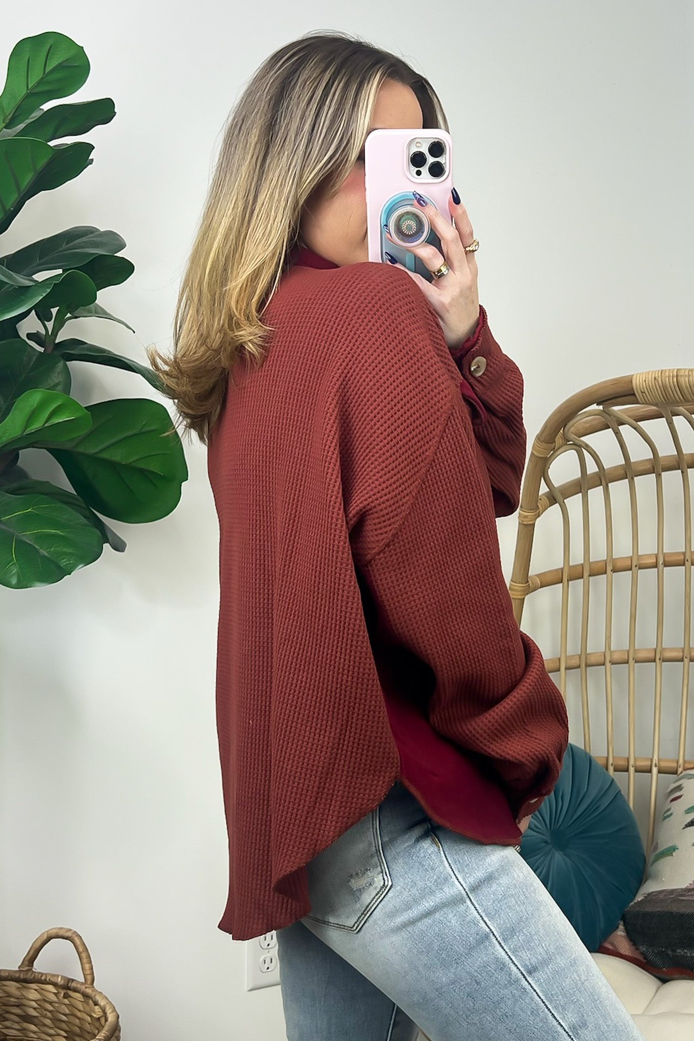  Abrielle Oversized Waffle Knit Button Down Shacket - FINAL SALE - Madison and Mallory