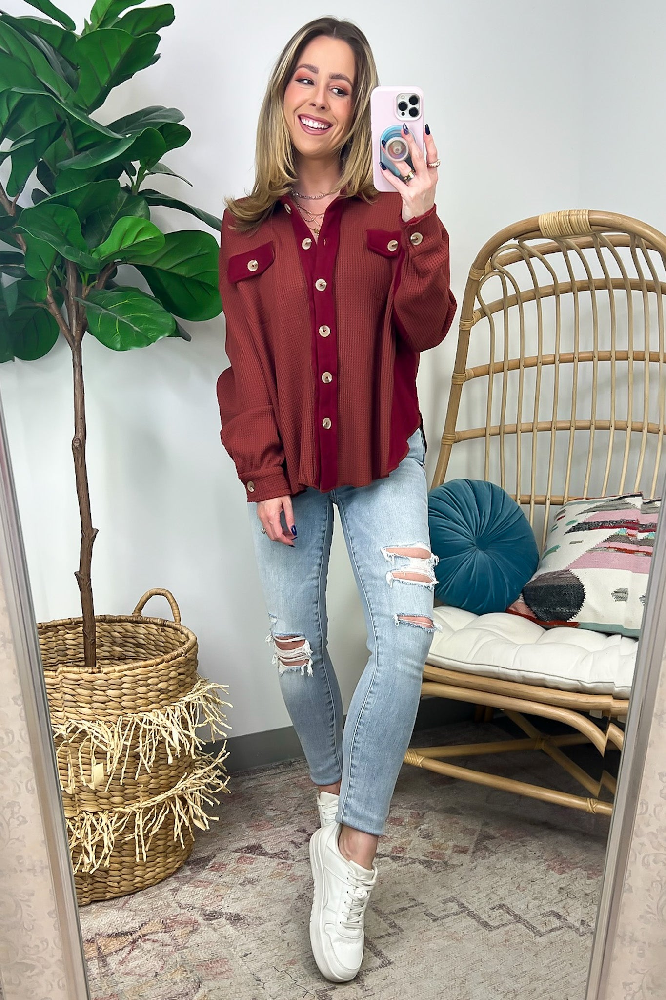  Abrielle Oversized Waffle Knit Button Down Shacket - FINAL SALE - Madison and Mallory