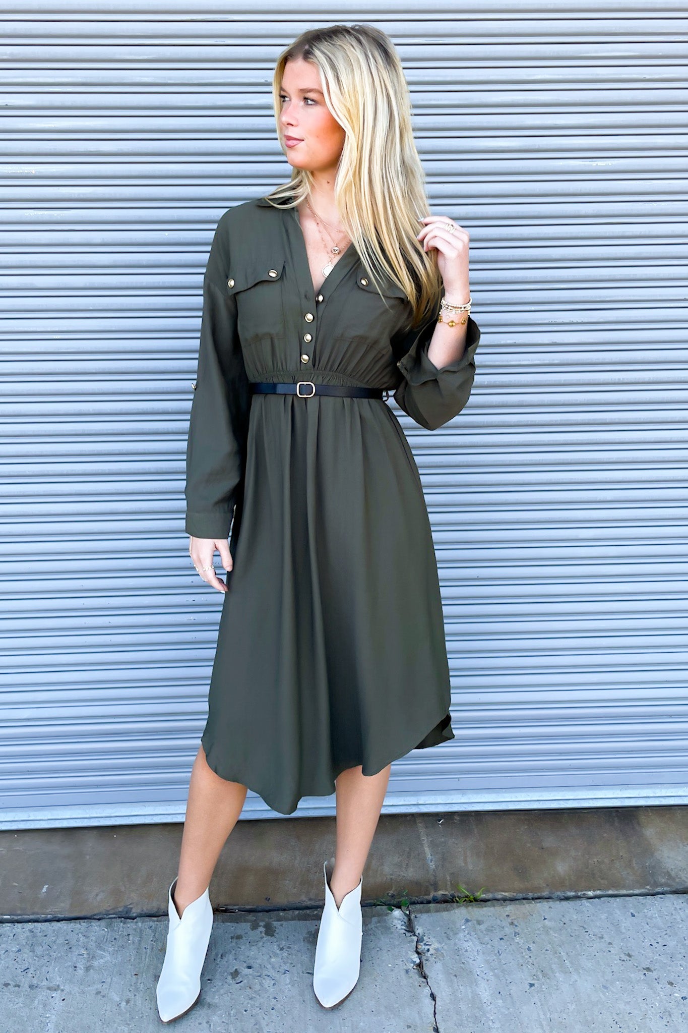 Adeline Button Down Belted Midi Dress - FINAL SALE S / Dark Olive Adeline Button Down Belted Midi Dress - FINAL SALE S / Dark Olive