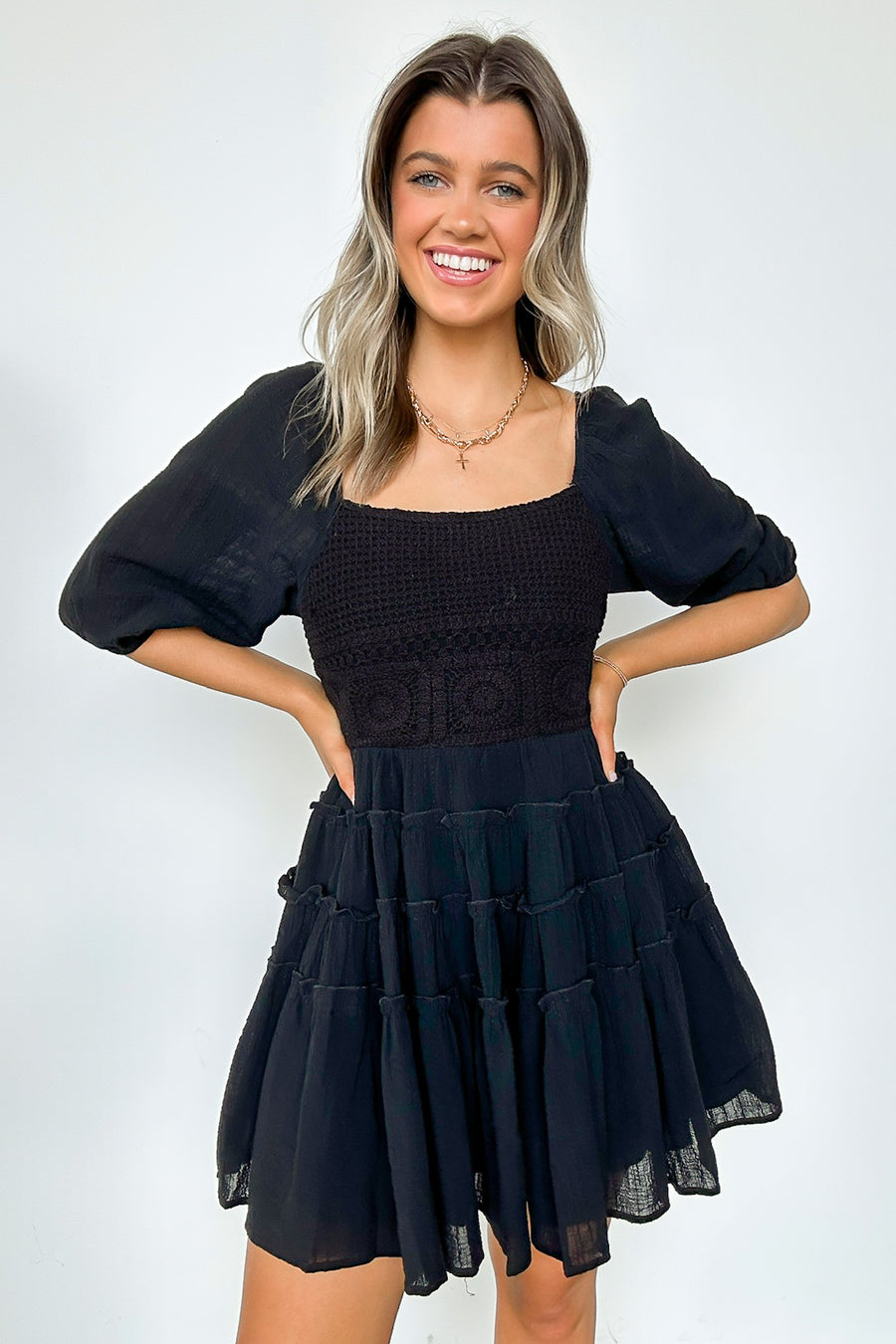 Black / S Adoring Desire Puff Sleeve Tiered Dress - Madison and Mallory