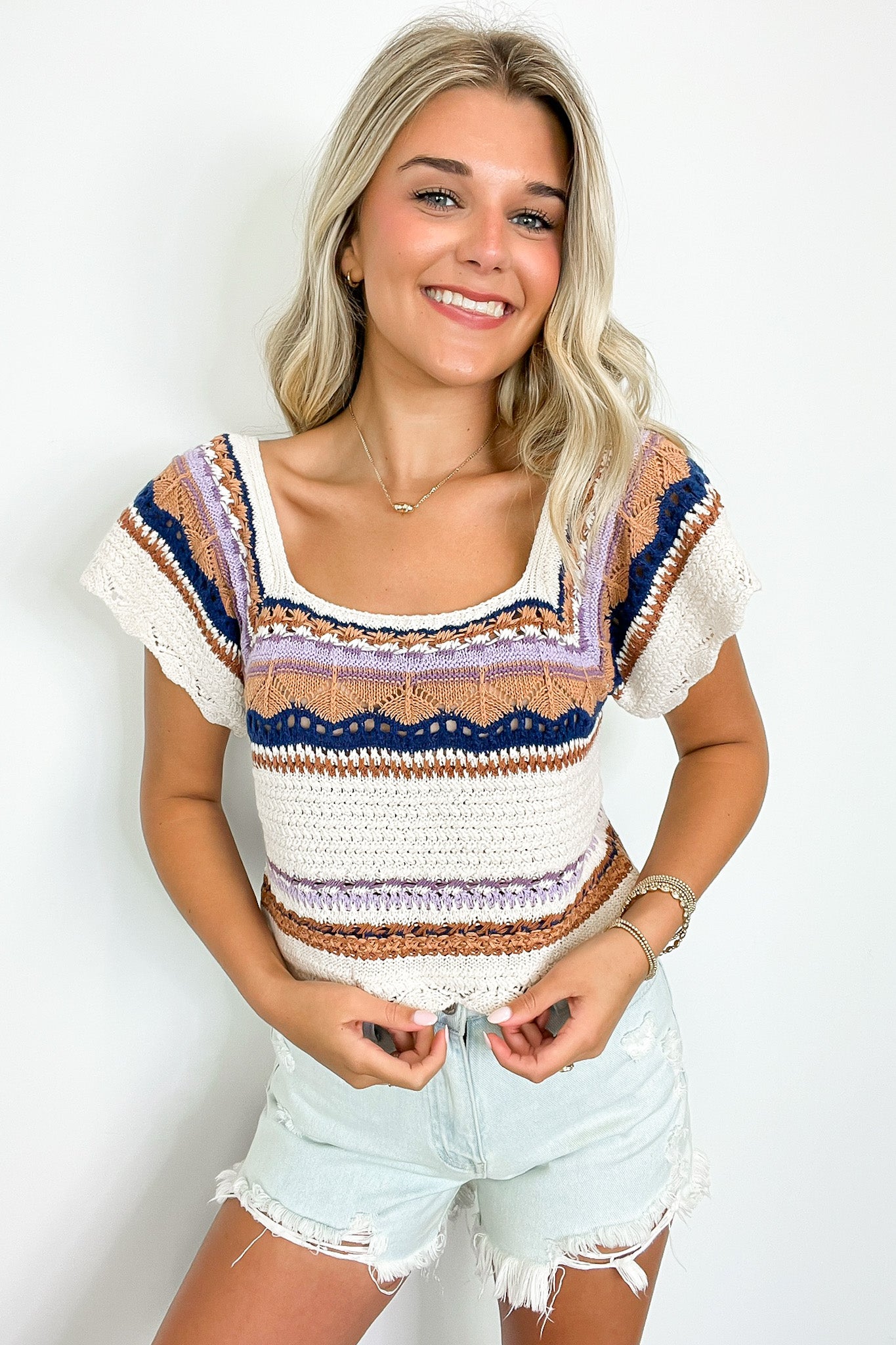 S / Oatmeal/Multi Aesthetic Ease Striped Crochet Knit Top - Madison and Mallory