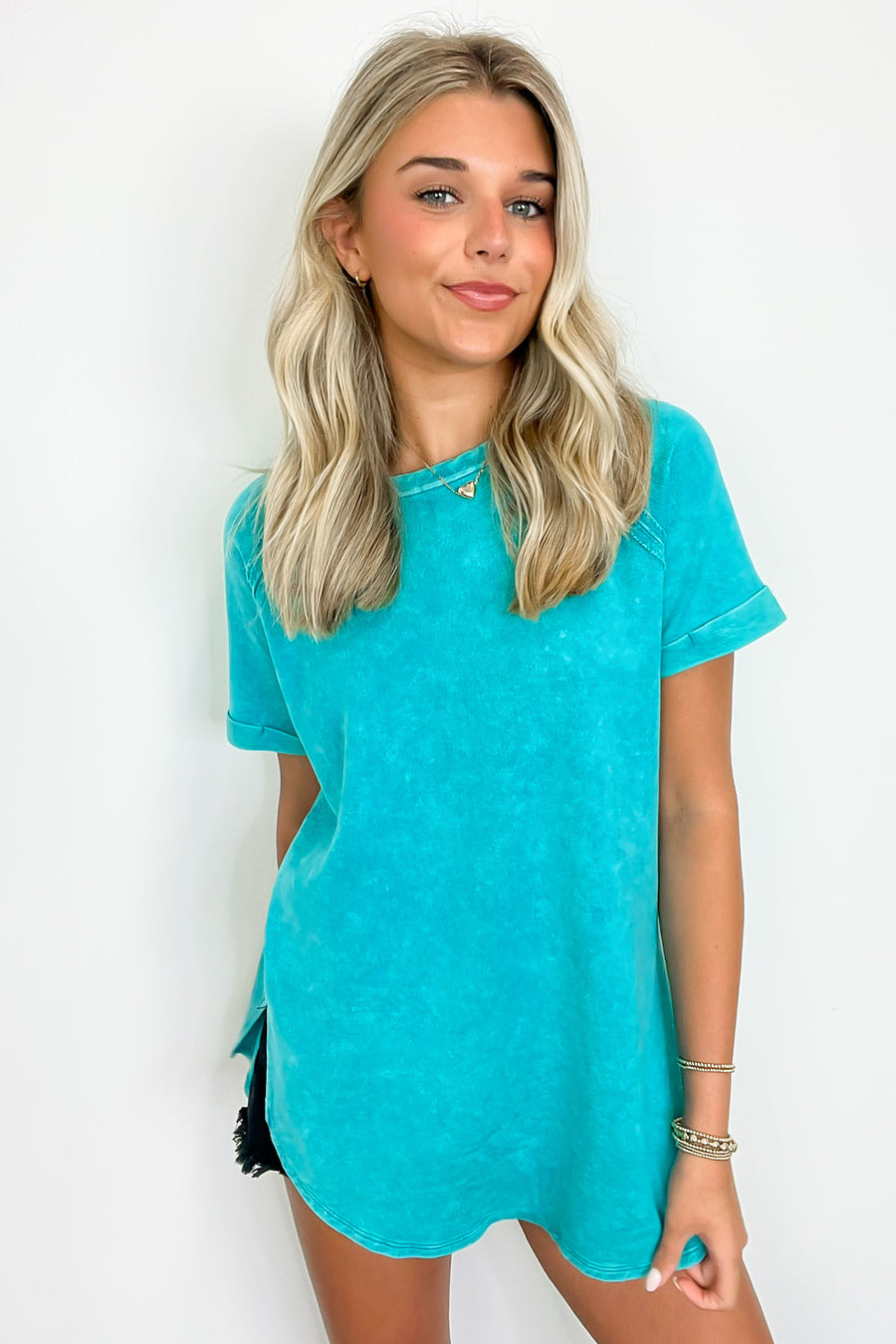 Light Teal / S Ashlie Acid Wash Rolled Sleeve Top - BACK IN STOCK - Madison and Mallory