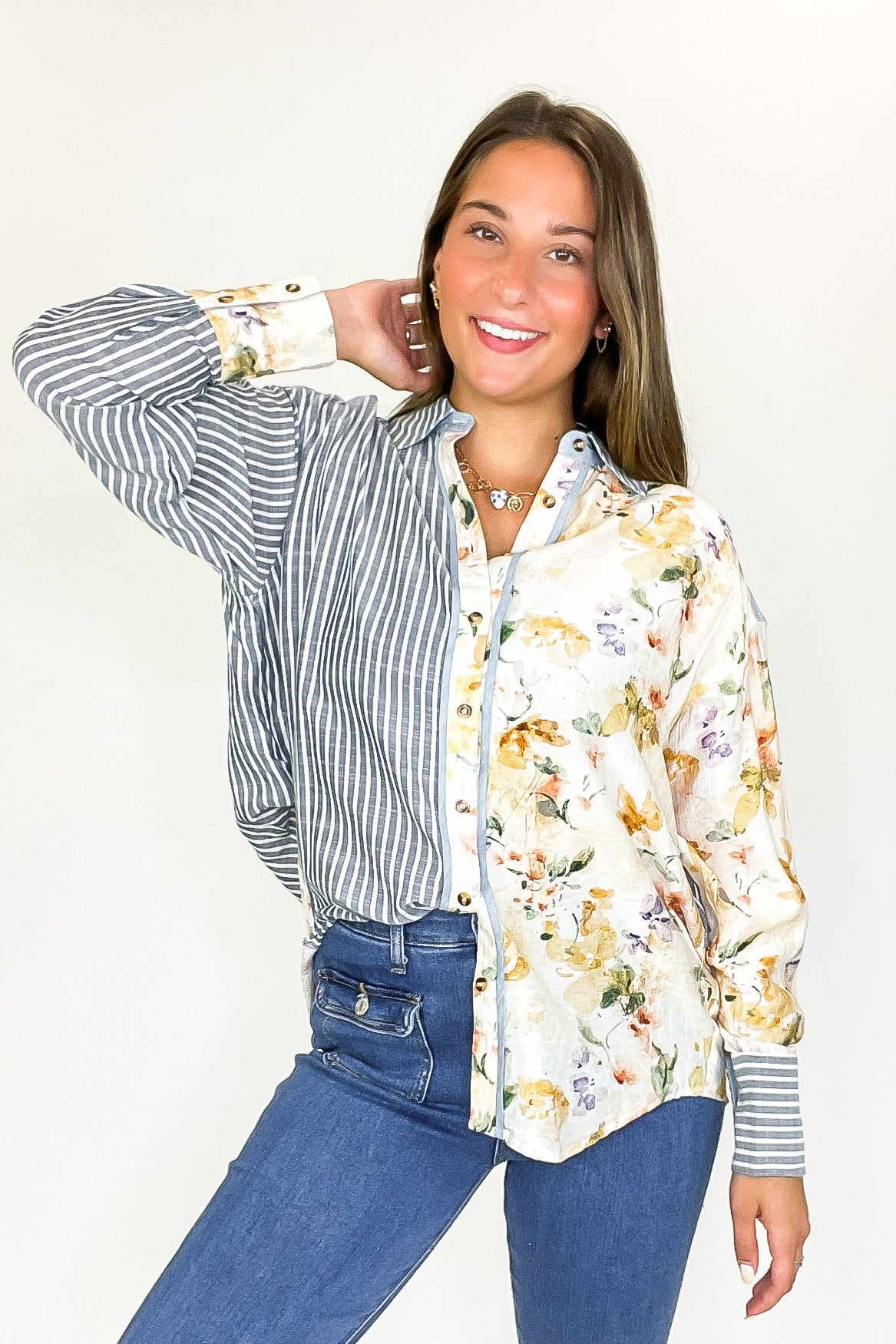 Garden Lines Relaxed Fit Long Sleeve Striped And Floral Top - Madison and Mallory