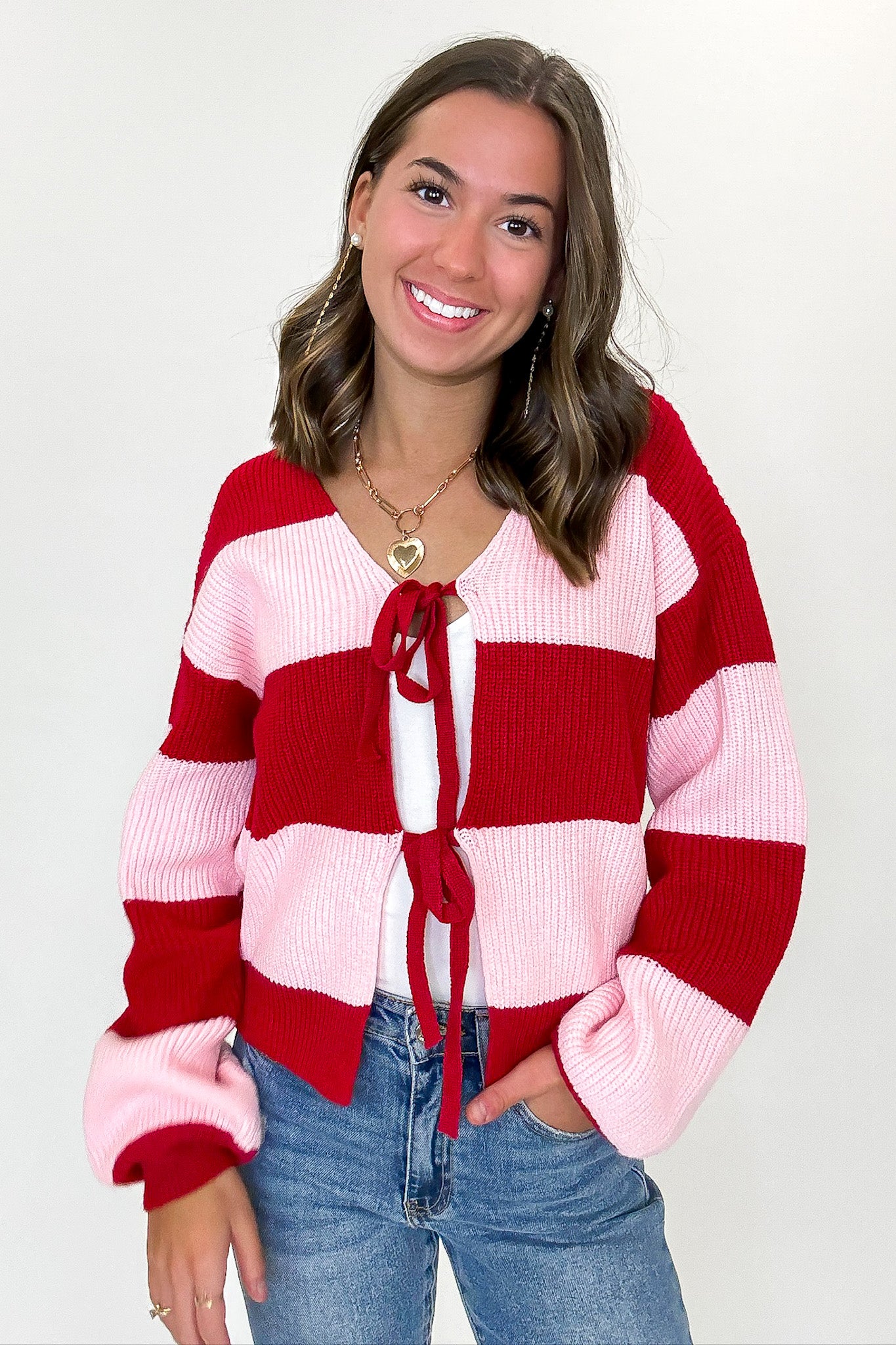 Bound Lines Striped Tie Front Knit Sweater