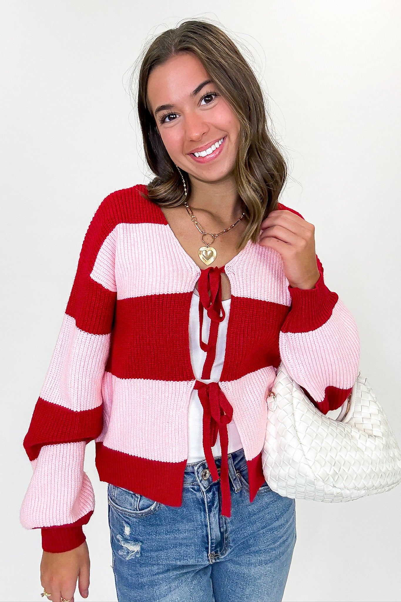 Bound Lines Striped Tie Front Knit Sweater