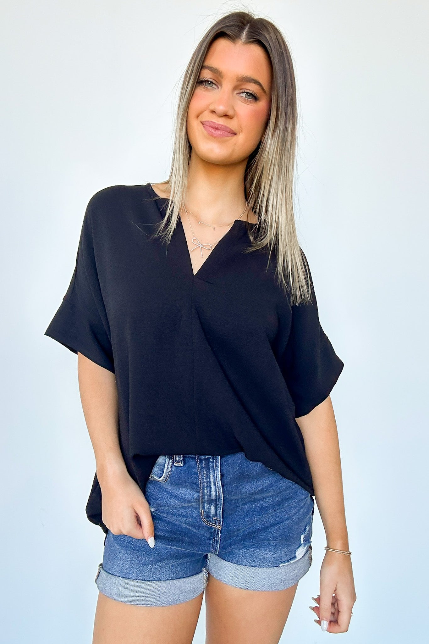 Black / S Brayan Split V-Neck Flowy Top - BACK IN STOCK - Madison and Mallory
