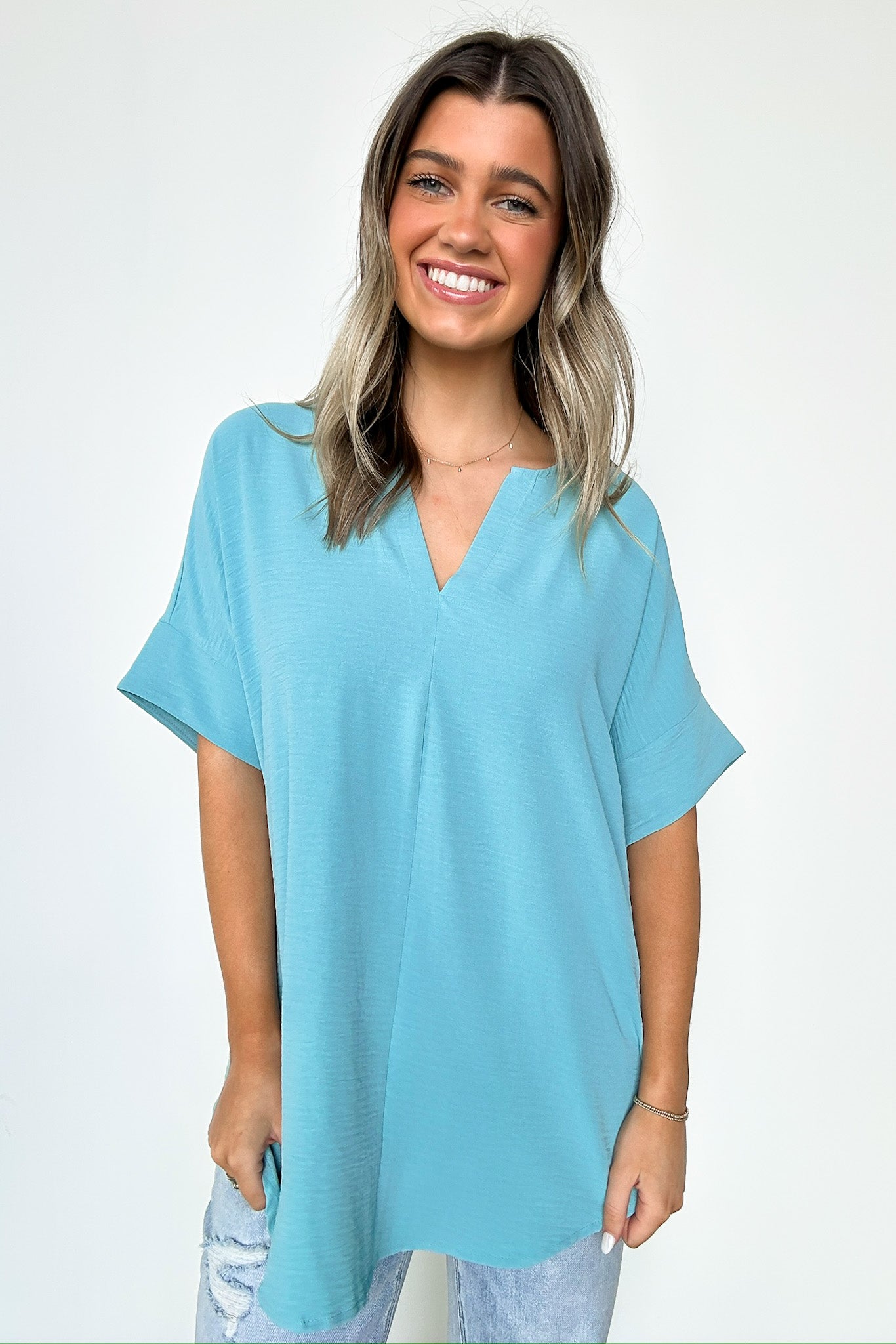 Dusty Teal / S Brayan Split V-Neck Flowy Top - BACK IN STOCK - Madison and Mallory