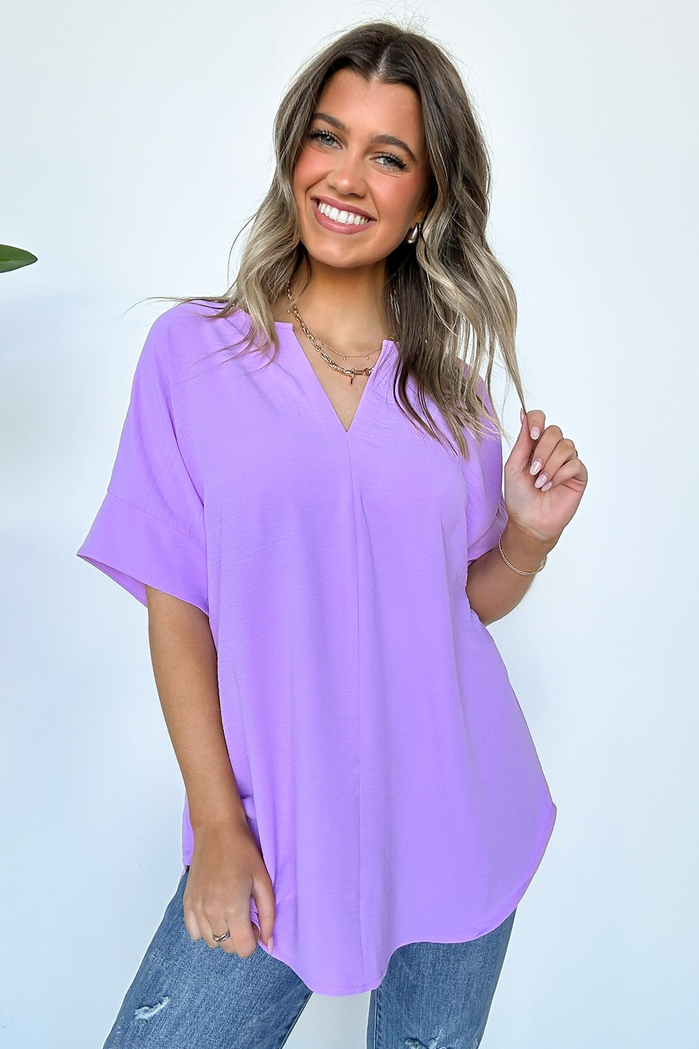 Bright Lavender / S Brayan Split V-Neck Flowy Top - BACK IN STOCK - Madison and Mallory