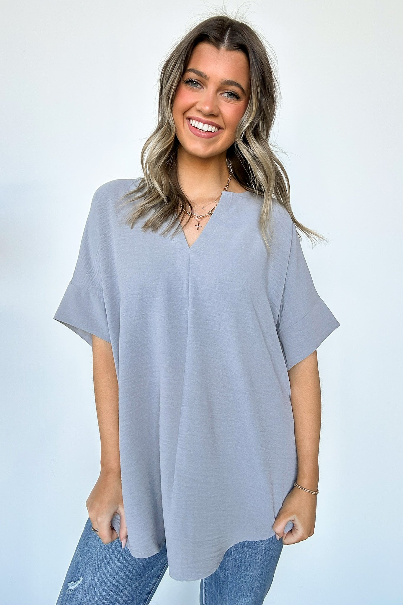 Sleet / S Brayan Split V-Neck Flowy Top - BACK IN STOCK - Madison and Mallory