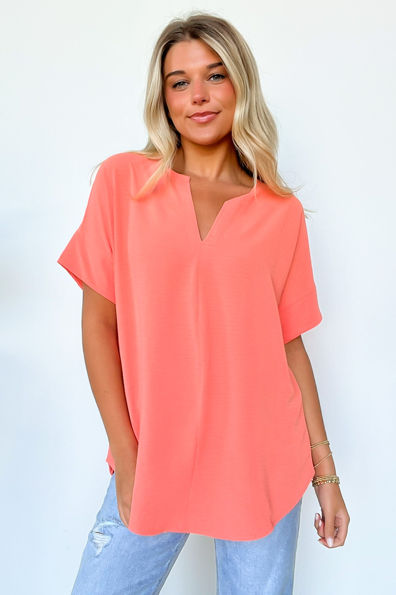 Coral / S Brayan Split V-Neck Flowy Top - BACK IN STOCK - Madison and Mallory