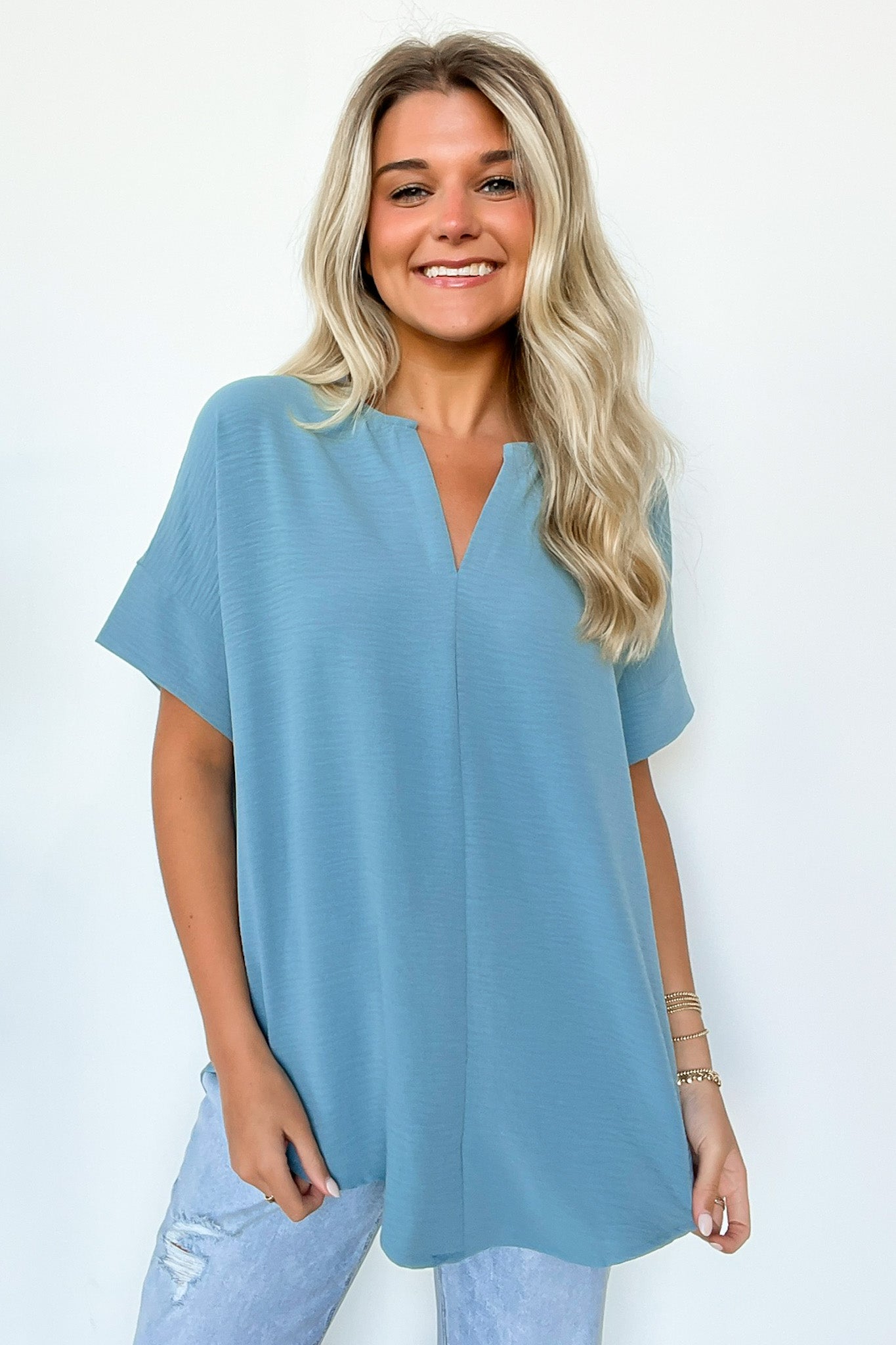 Blue Gray / S Brayan Split V-Neck Flowy Top - BACK IN STOCK - Madison and Mallory