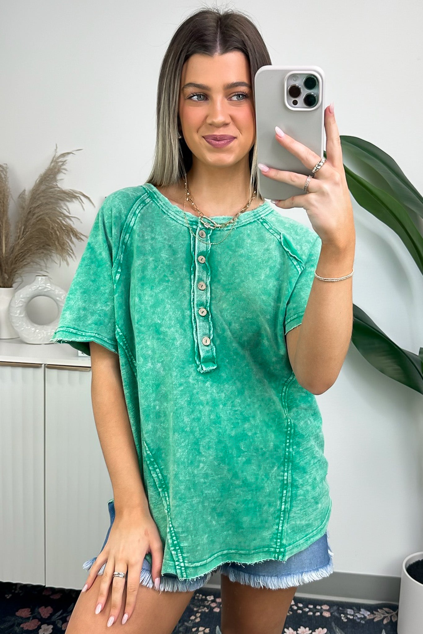 Kelly Green / S Caleb Acid Wash Raglan Button Henley Top - BACK IN STOCK - Madison and Mallory