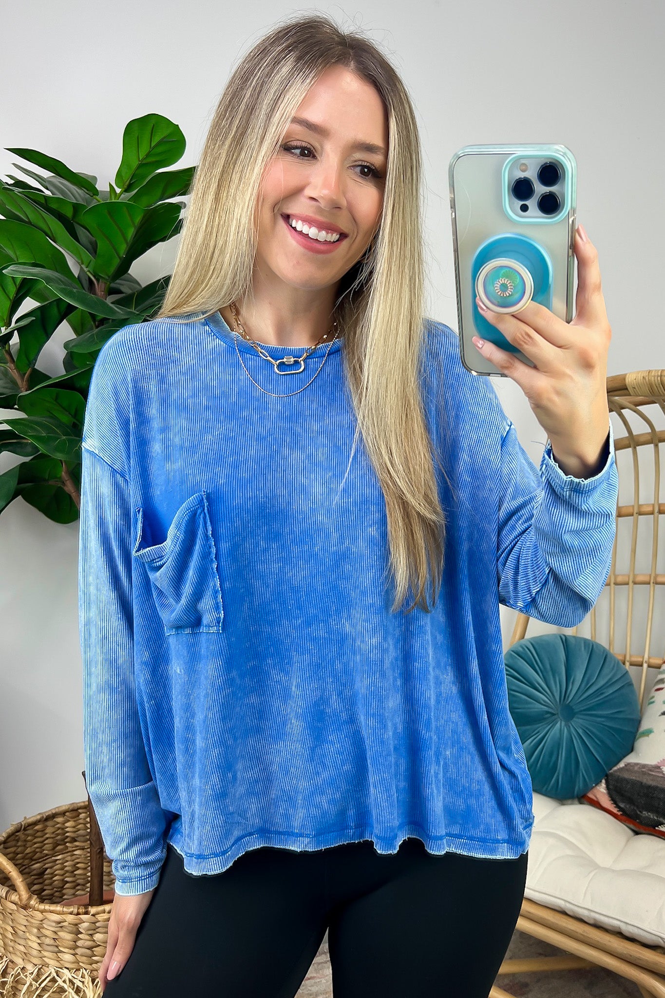 Ocean Blue / SM Caliana Washed Dolman Sleeve Pocket Top - BACK IN STOCK - Madison and Mallory