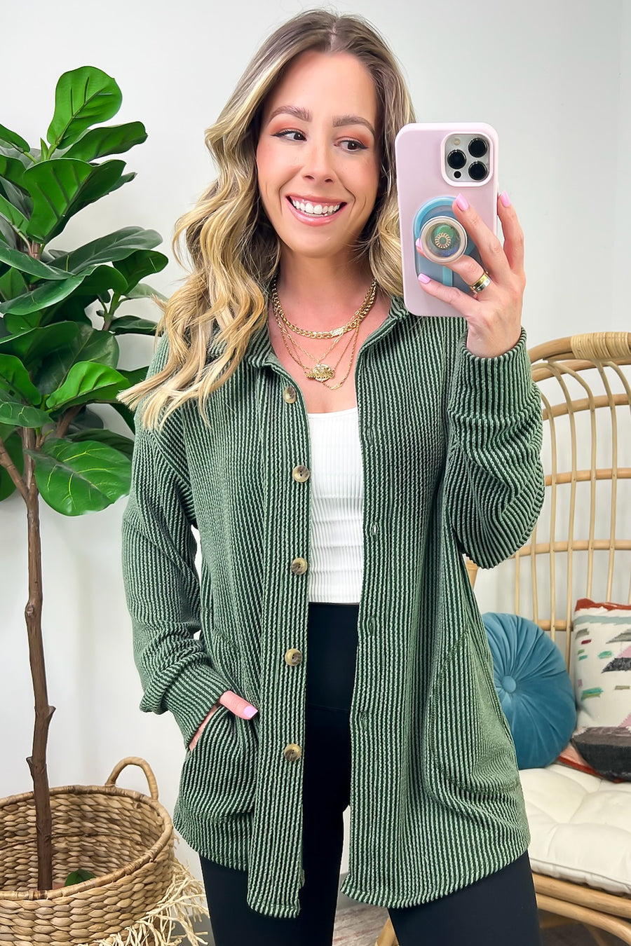Olive / S Carlah Rib Knit Button Down Shacket - FINAL SALE - Madison and Mallory
