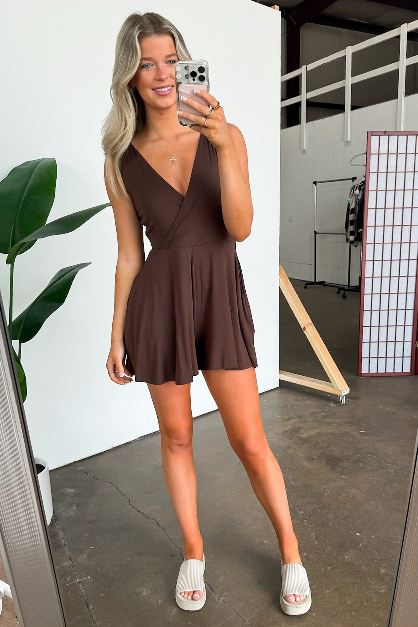 Brown / S Charismatic Entrance Surplice Flowy Romper - FINAL SALE - Madison and Mallory