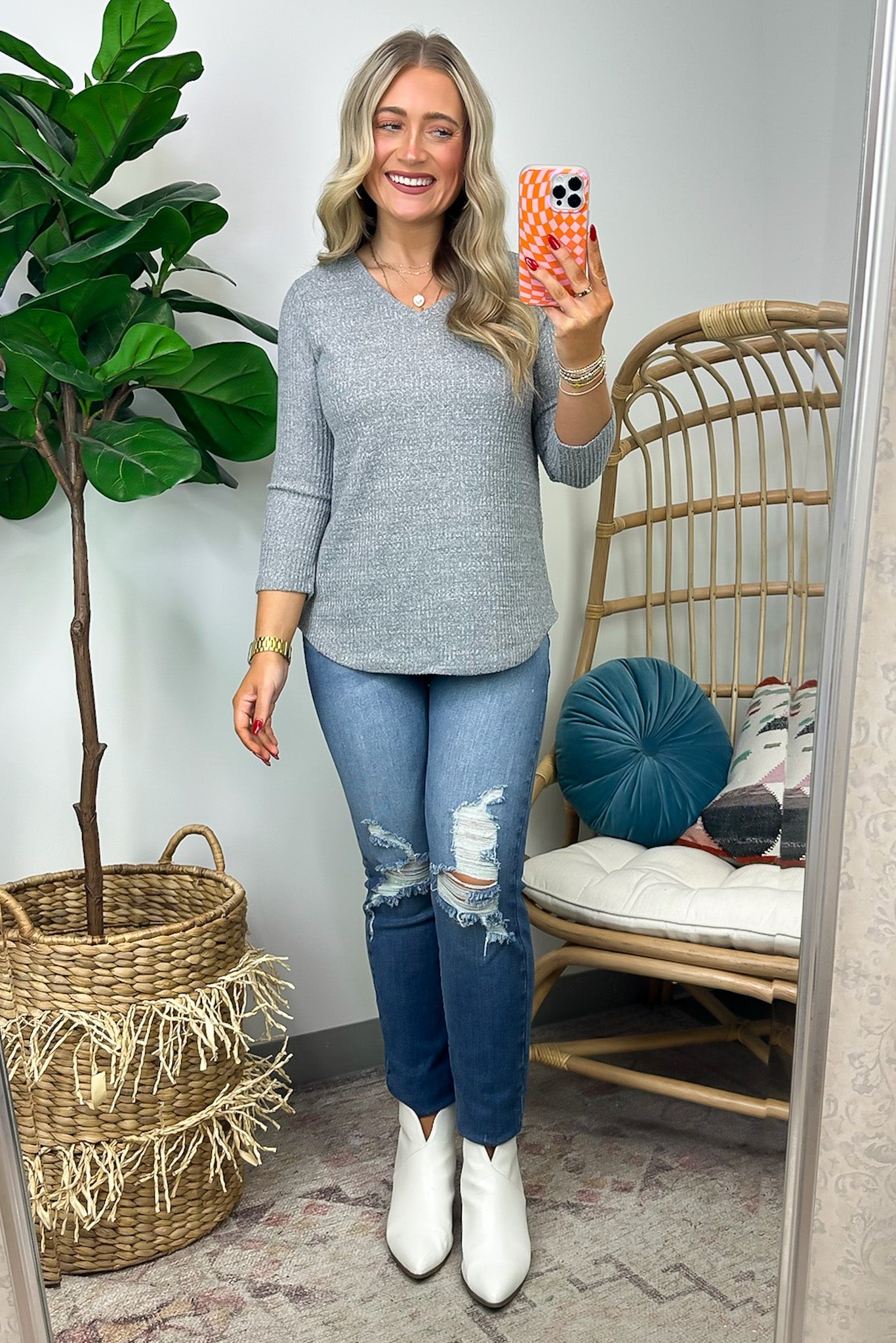 Warmest Wishes Waffle Knit V-Neck Top - FINAL SALE - Madison and Mallory