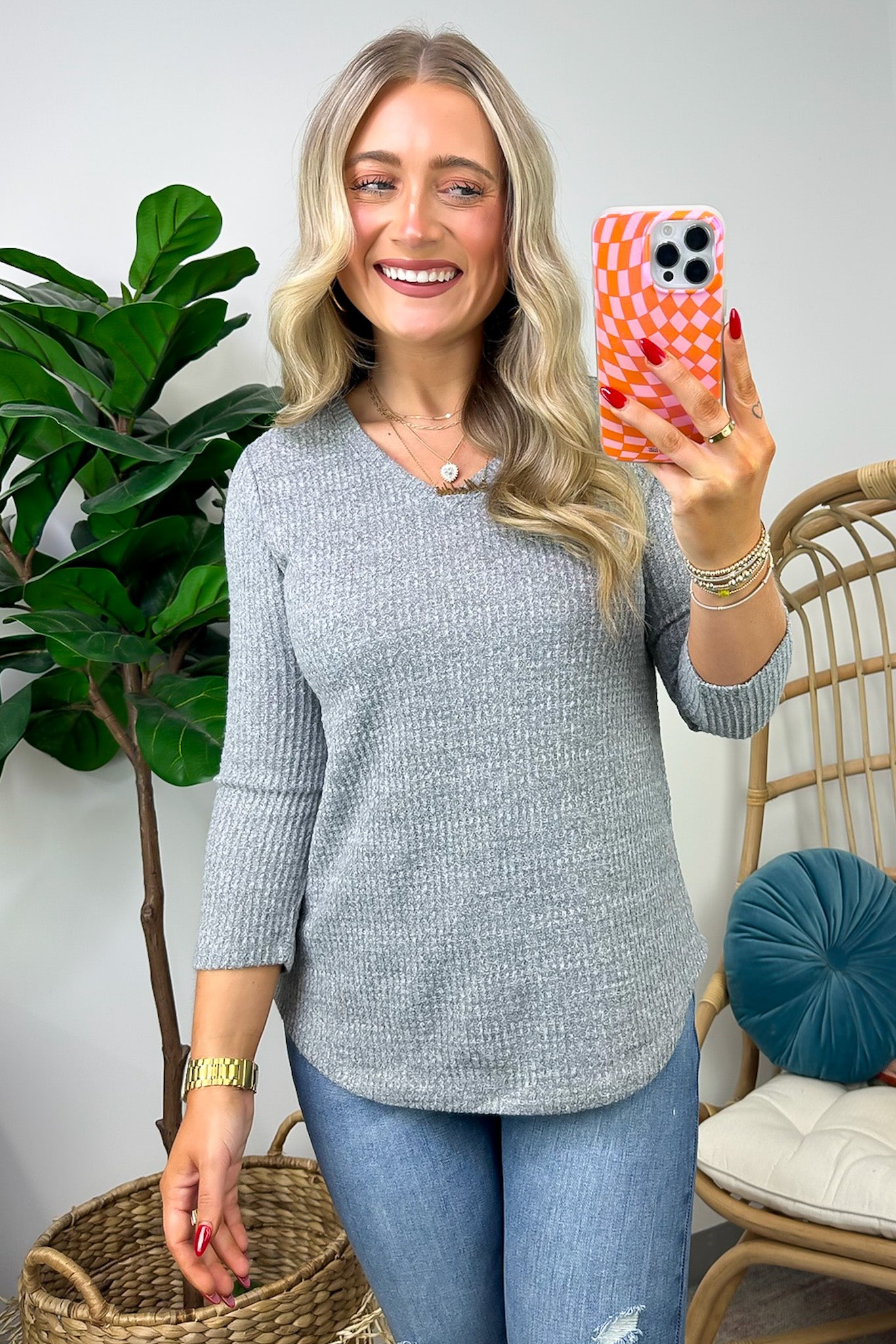 Warmest Wishes Waffle Knit V-Neck Top - FINAL SALE - Madison and Mallory