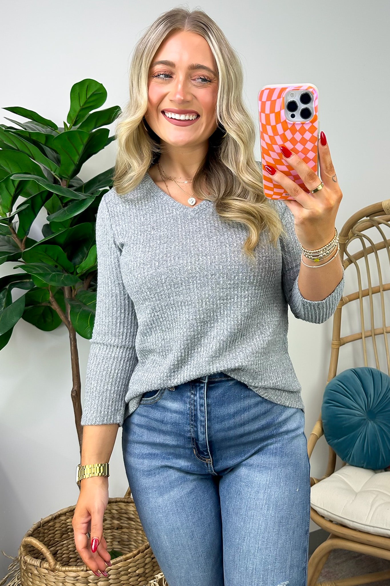 Light Gray / S Warmest Wishes Waffle Knit V-Neck Top - FINAL SALE - Madison and Mallory