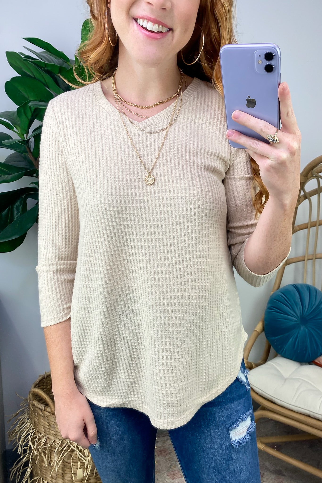 Warmest Wishes Waffle Knit V-Neck Top - FINAL SALE - Madison and Mallory