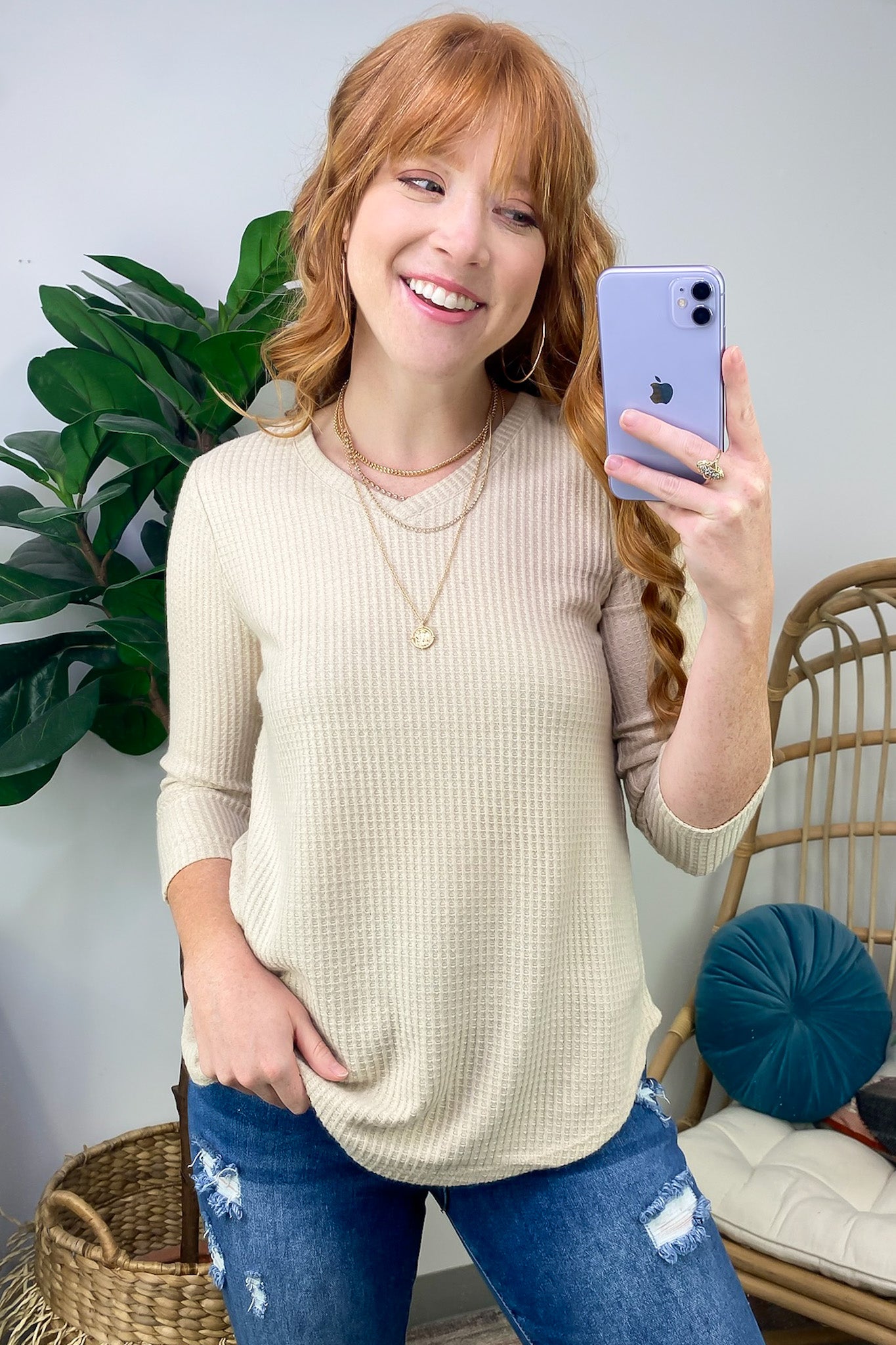Warmest Wishes Waffle Knit V-Neck Top - FINAL SALE - Madison and Mallory