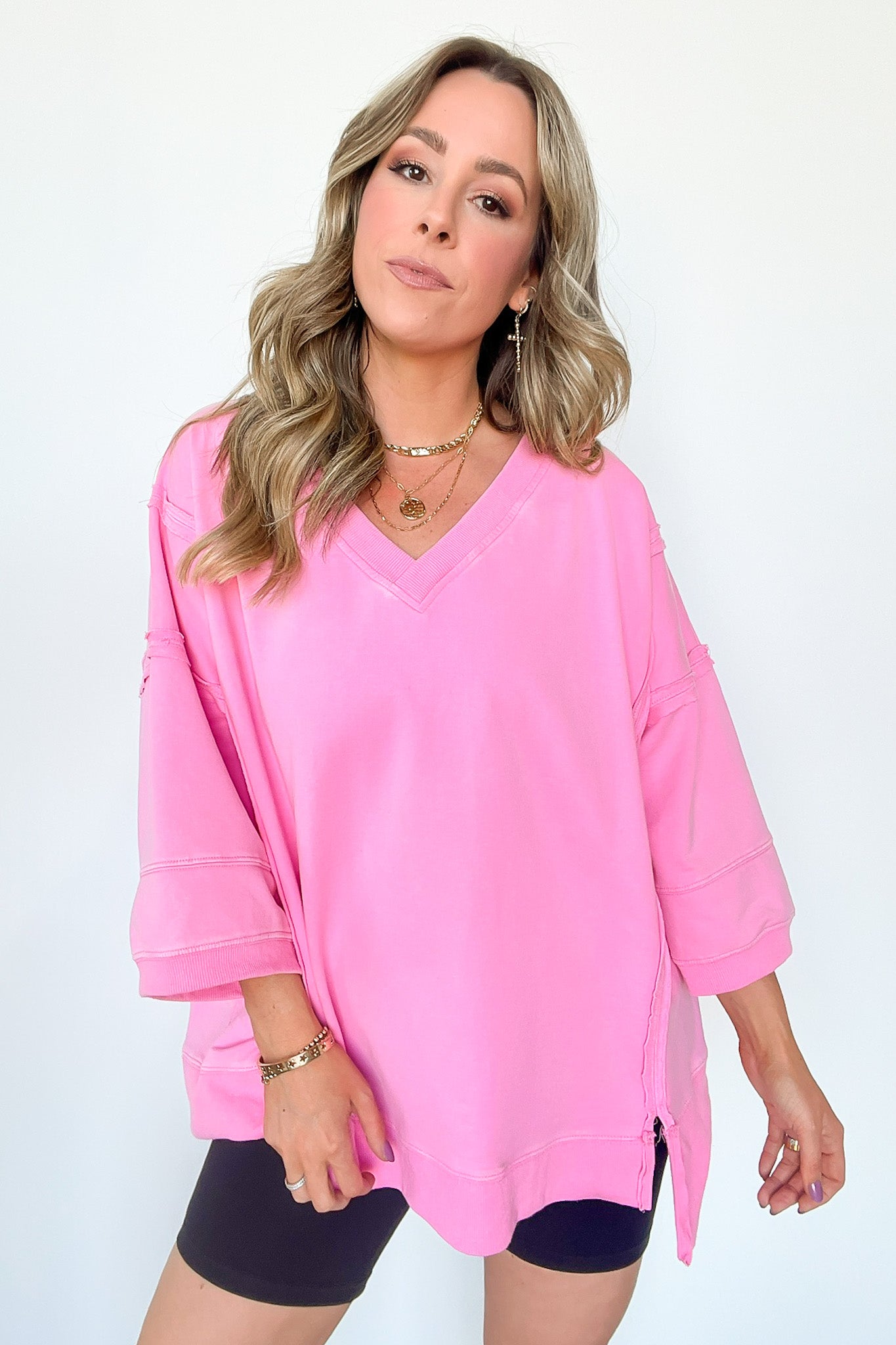 S / Fuchsia Cohen Relaxed Fit V-Neck Top - Madison and Mallory