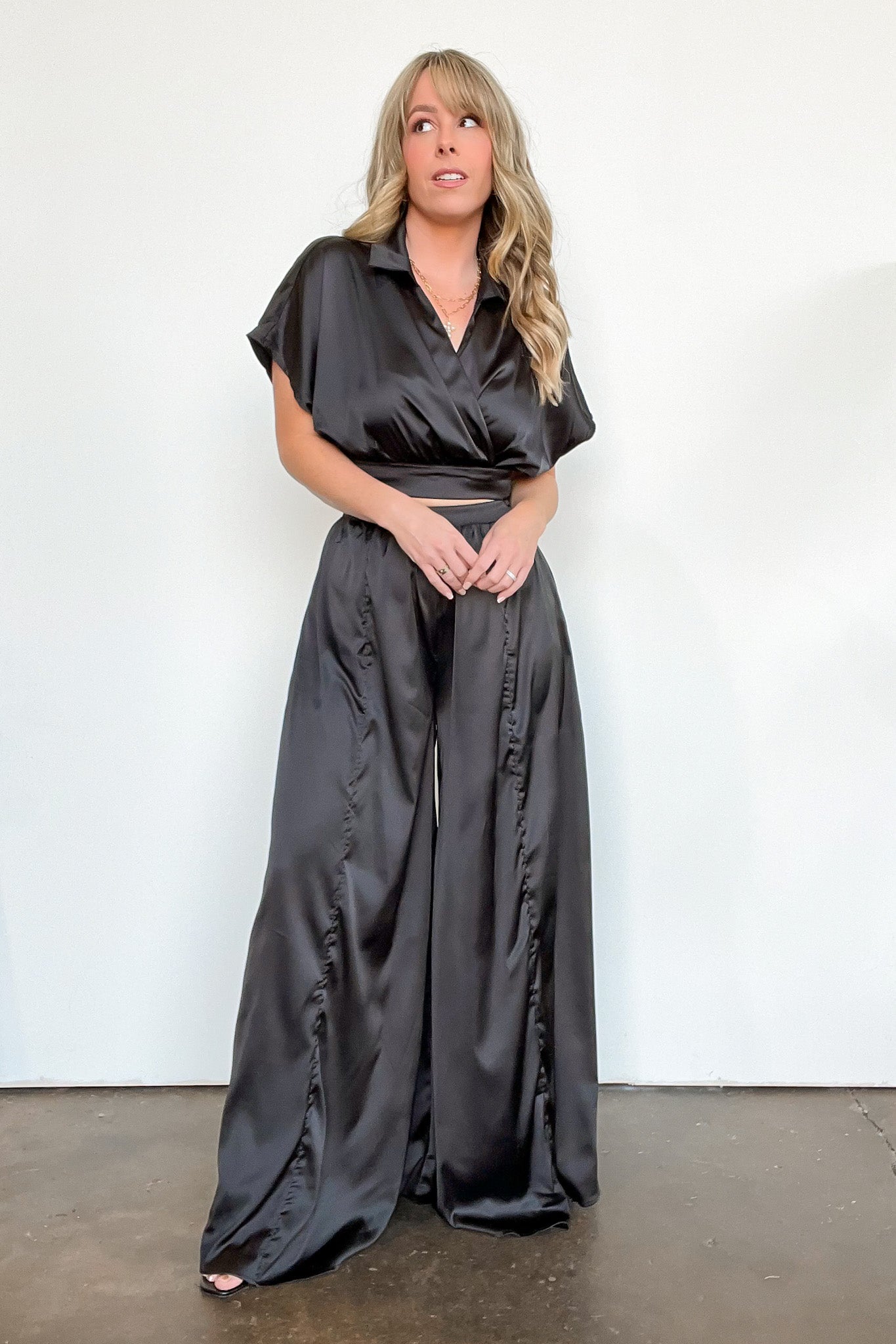  Coy Perfection Satin Wrap Surplice Top - Madison and Mallory