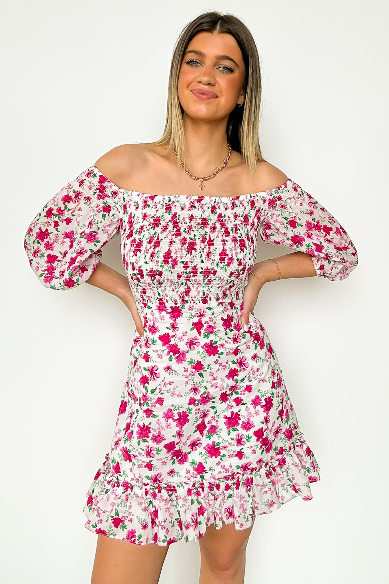  Darling Icon Off Shoulder Smocked Floral Dress - Madison and Mallory