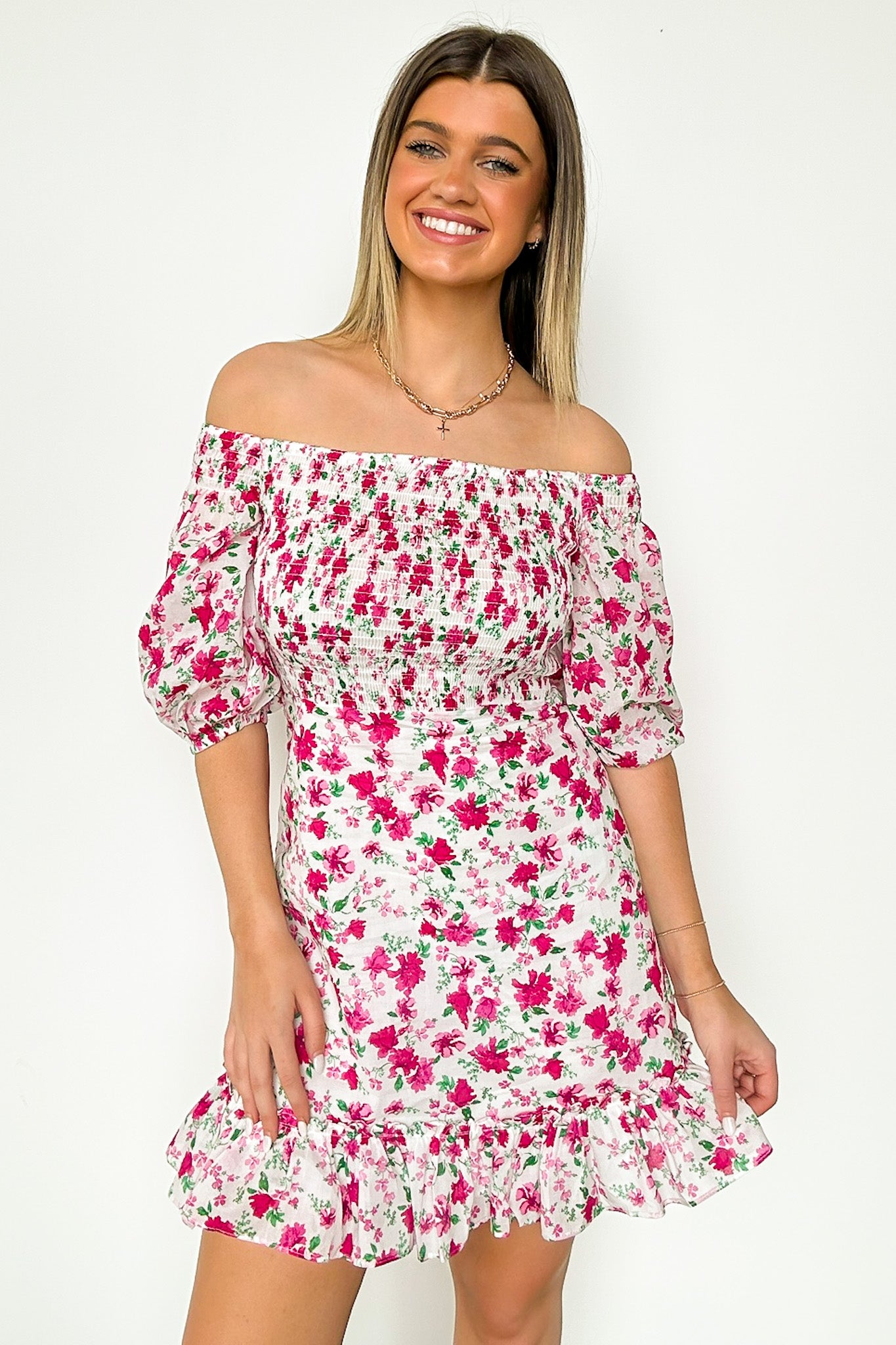 White Fuchsia Rose / S Darling Icon Off Shoulder Smocked Floral Dress - Madison and Mallory