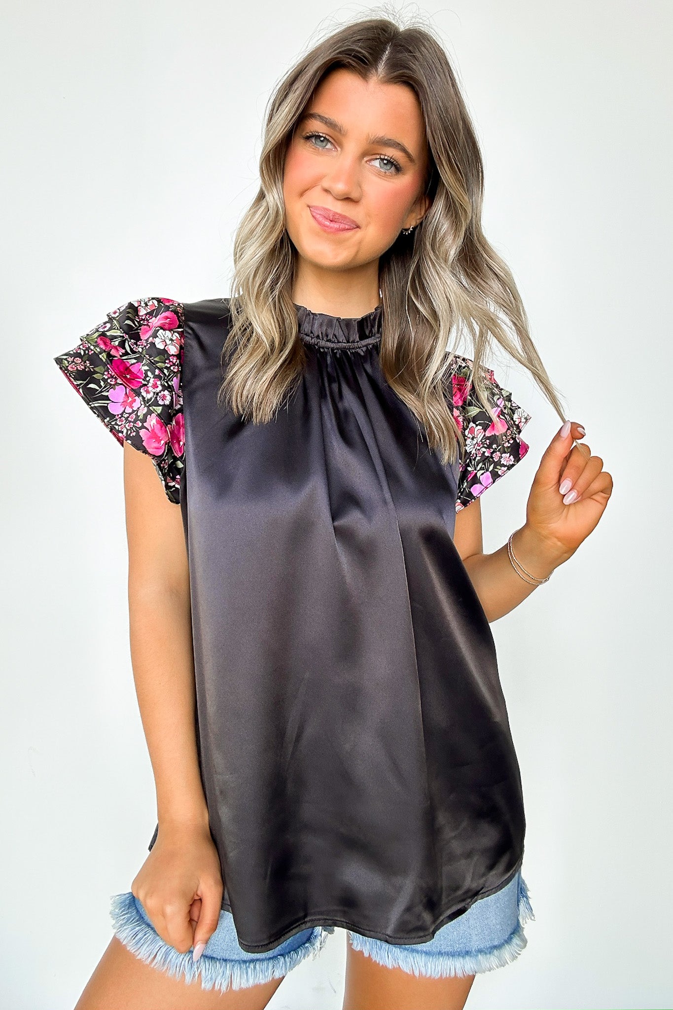 S / Black Delightful Direction Floral Sleeve Satin Top - Madison and Mallory