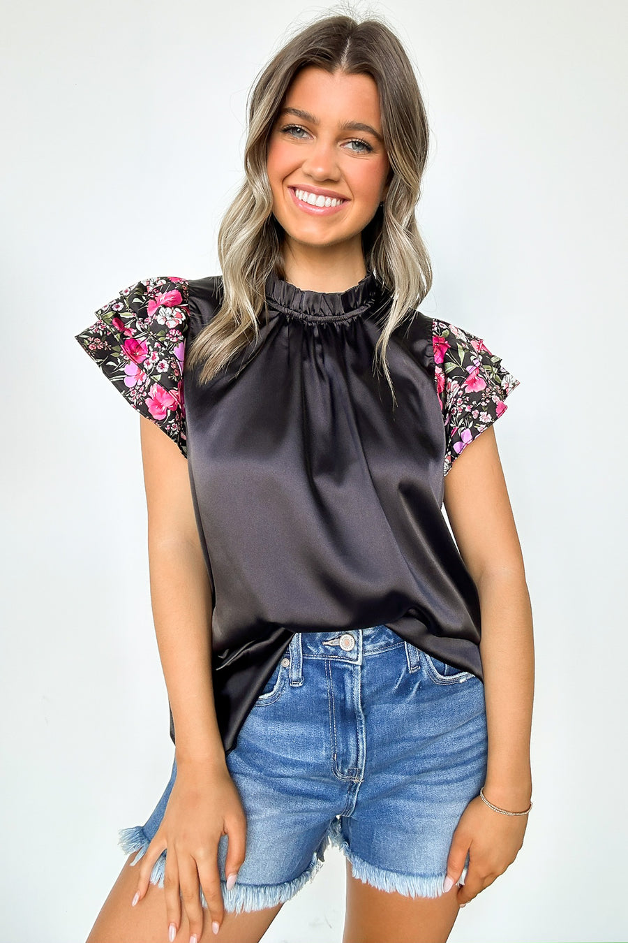  Delightful Direction Floral Sleeve Satin Top - Madison and Mallory