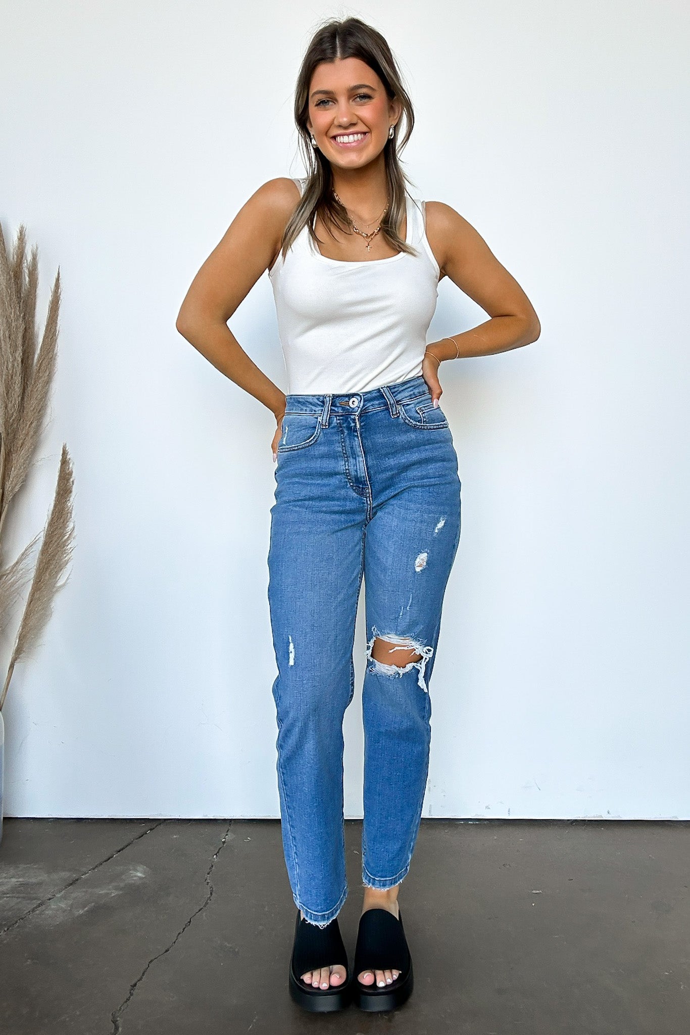 Demie High Rise Distressed Slim Straight Jeans - Madison and Mallory