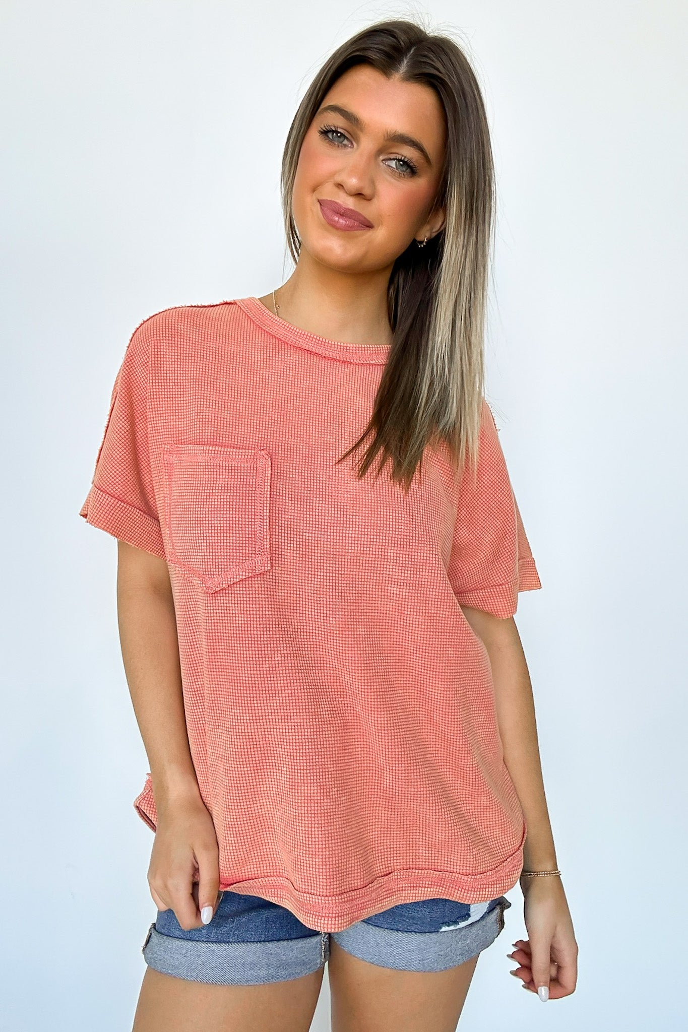 Coral / S Desi Waffle Knit Pocket Top - Madison and Mallory