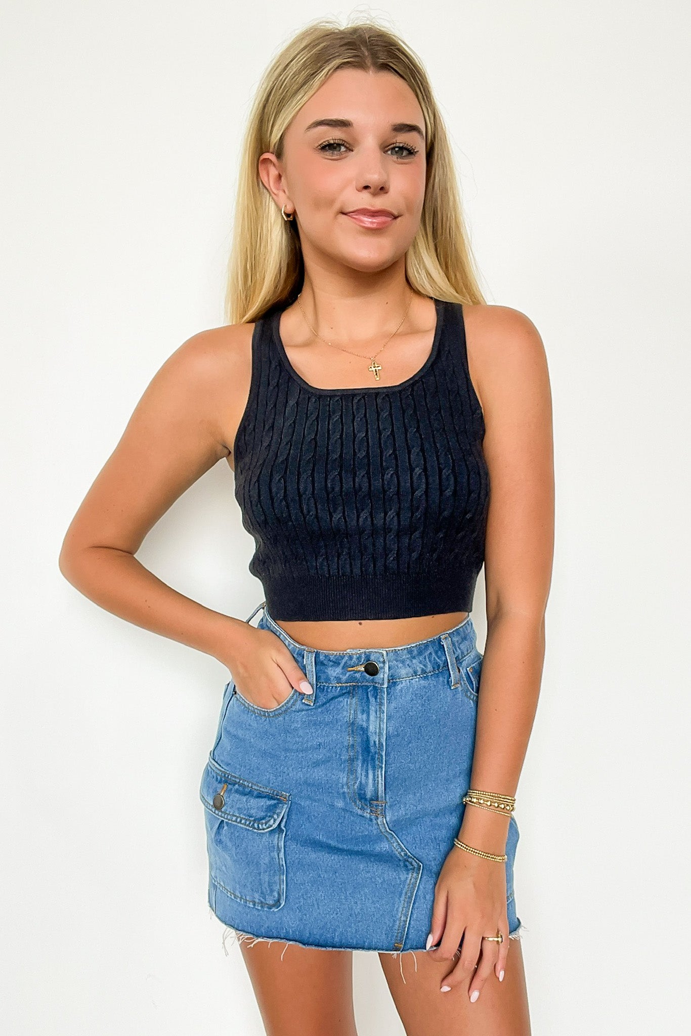 Indigo / S Dianne Cable Knit Tank Top - Madison and Mallory