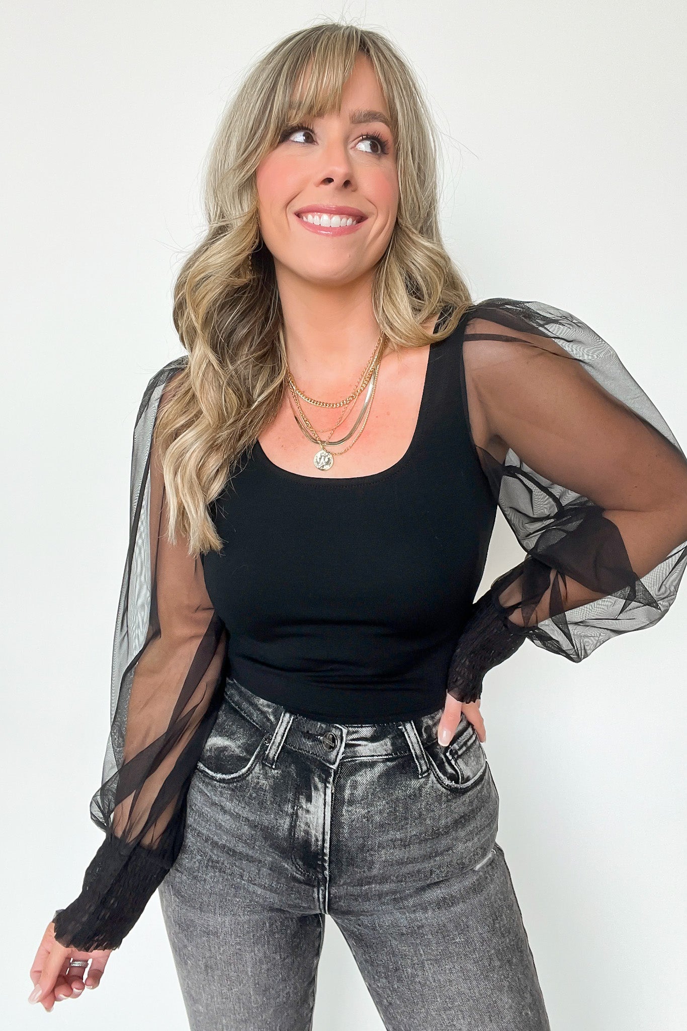 Black / S Divinely Dreamy Square Neck Mesh Puff Sleeve Top - FINAL SALE - Madison and Mallory