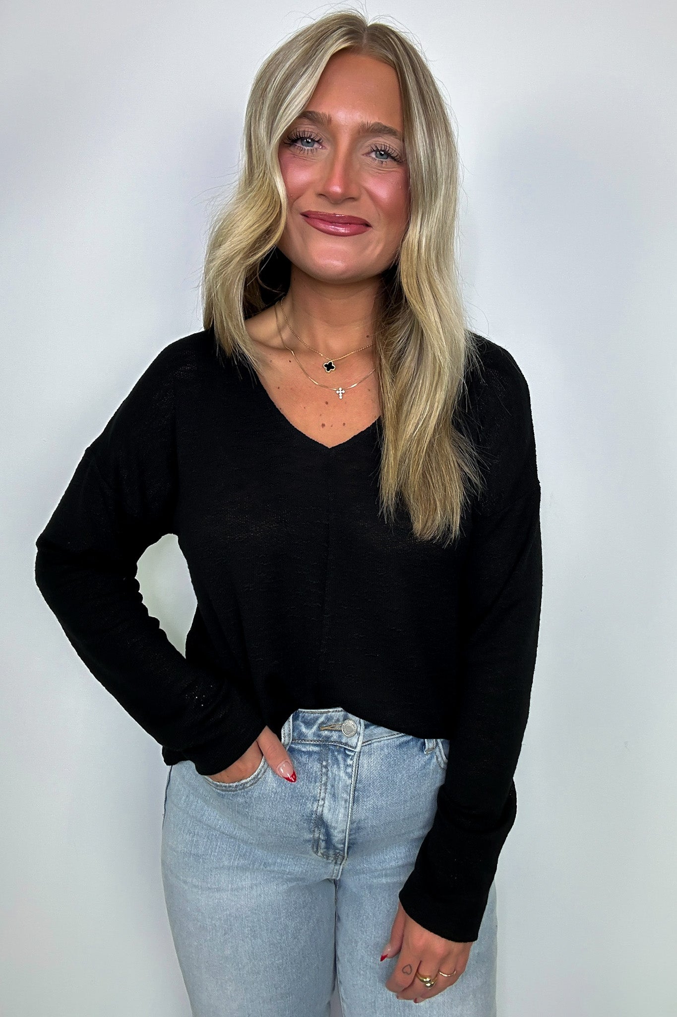 Black / S Downtime V-Neck Hacci Knit Top - FINAL SALE - Madison and Mallory