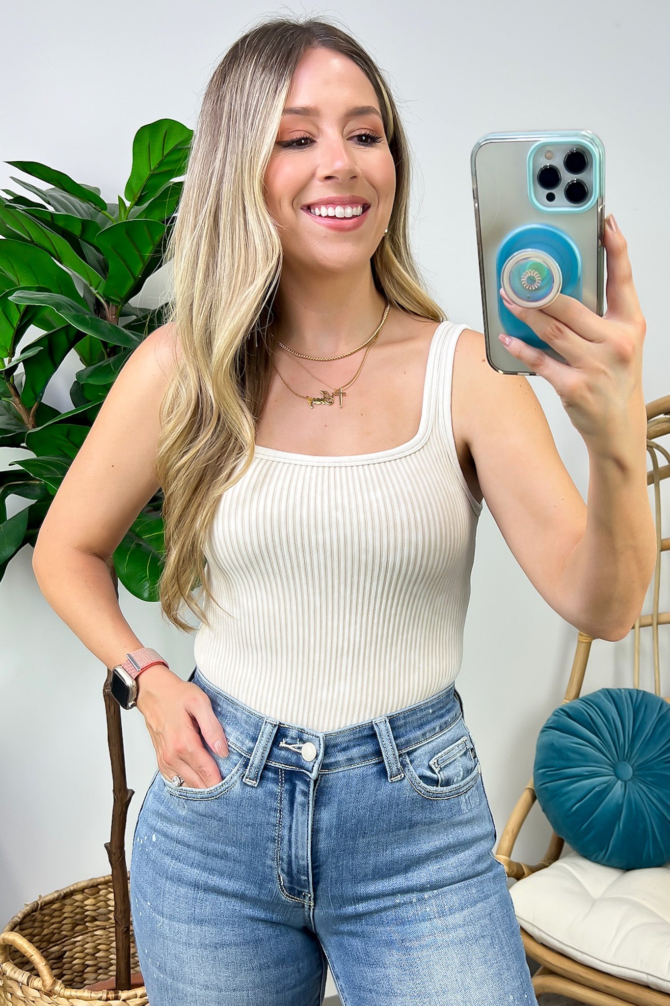 Sand Beige / SM Dream Weekend Acid Wash Two-Way Neckline Tank Top - FINAL SALE - Madison and Mallory