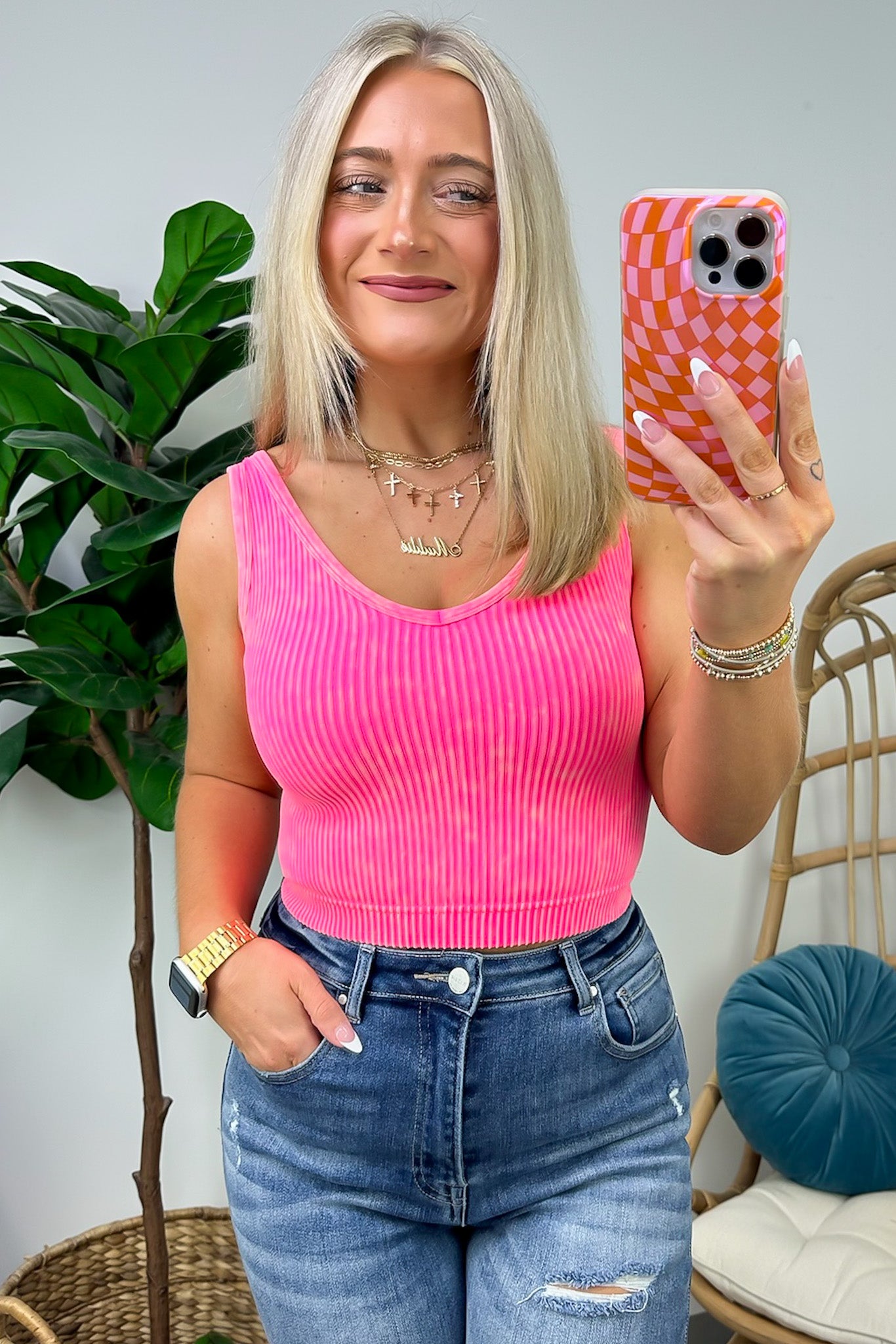 Neon Coral Fuchsia / SM Dream Weekend Acid Wash Two-Way Neckline Tank Top - FINAL SALE - Madison and Mallory