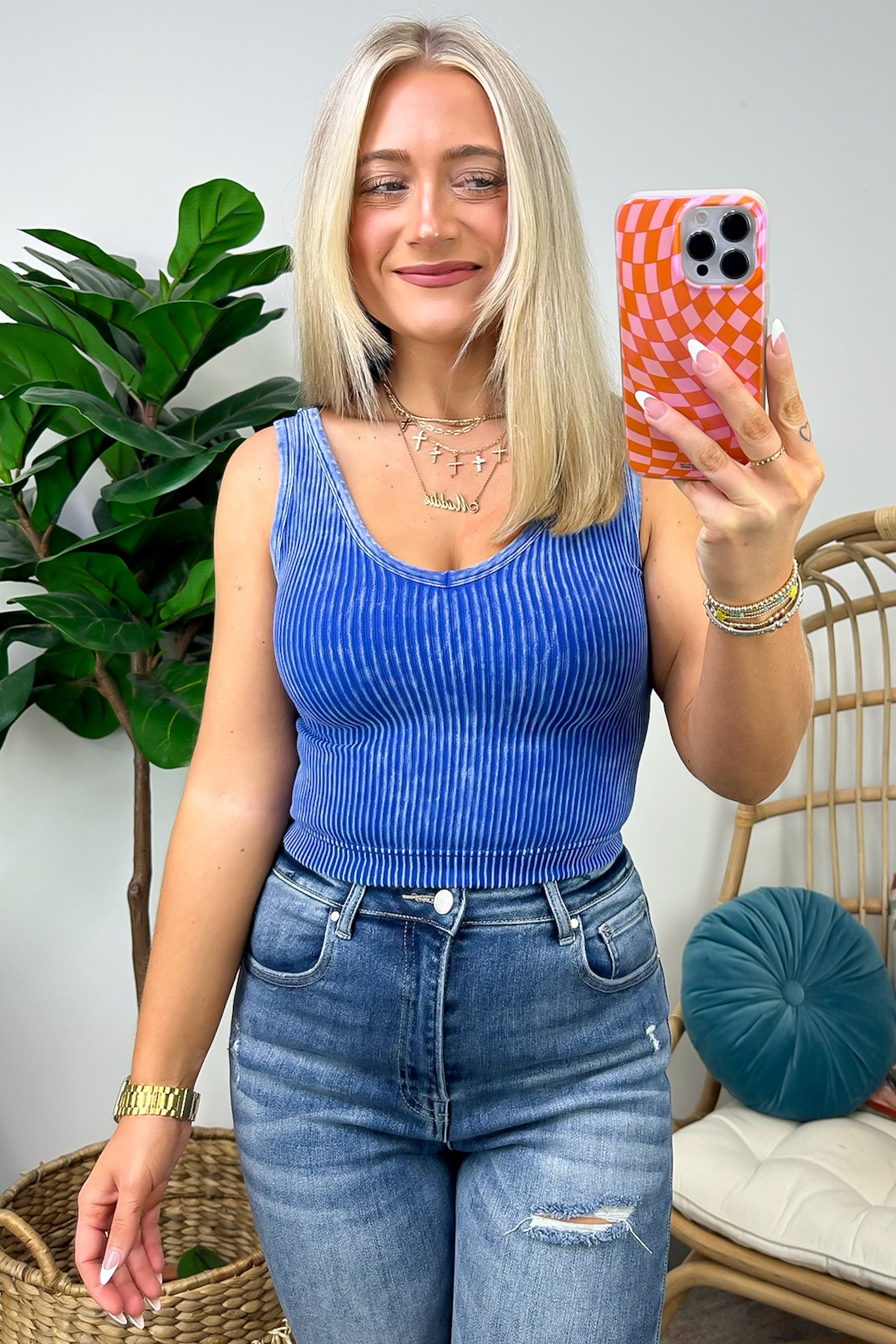 Light Navy / SM Dream Weekend Acid Wash Two-Way Neckline Tank Top - FINAL SALE - Madison and Mallory
