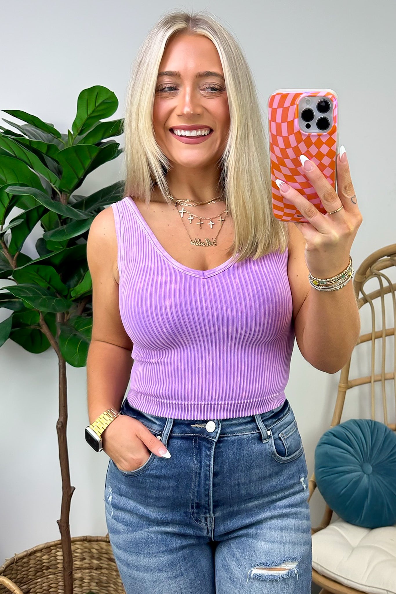 Bright Violet / SM Dream Weekend Acid Wash Two-Way Neckline Tank Top - FINAL SALE - Madison and Mallory