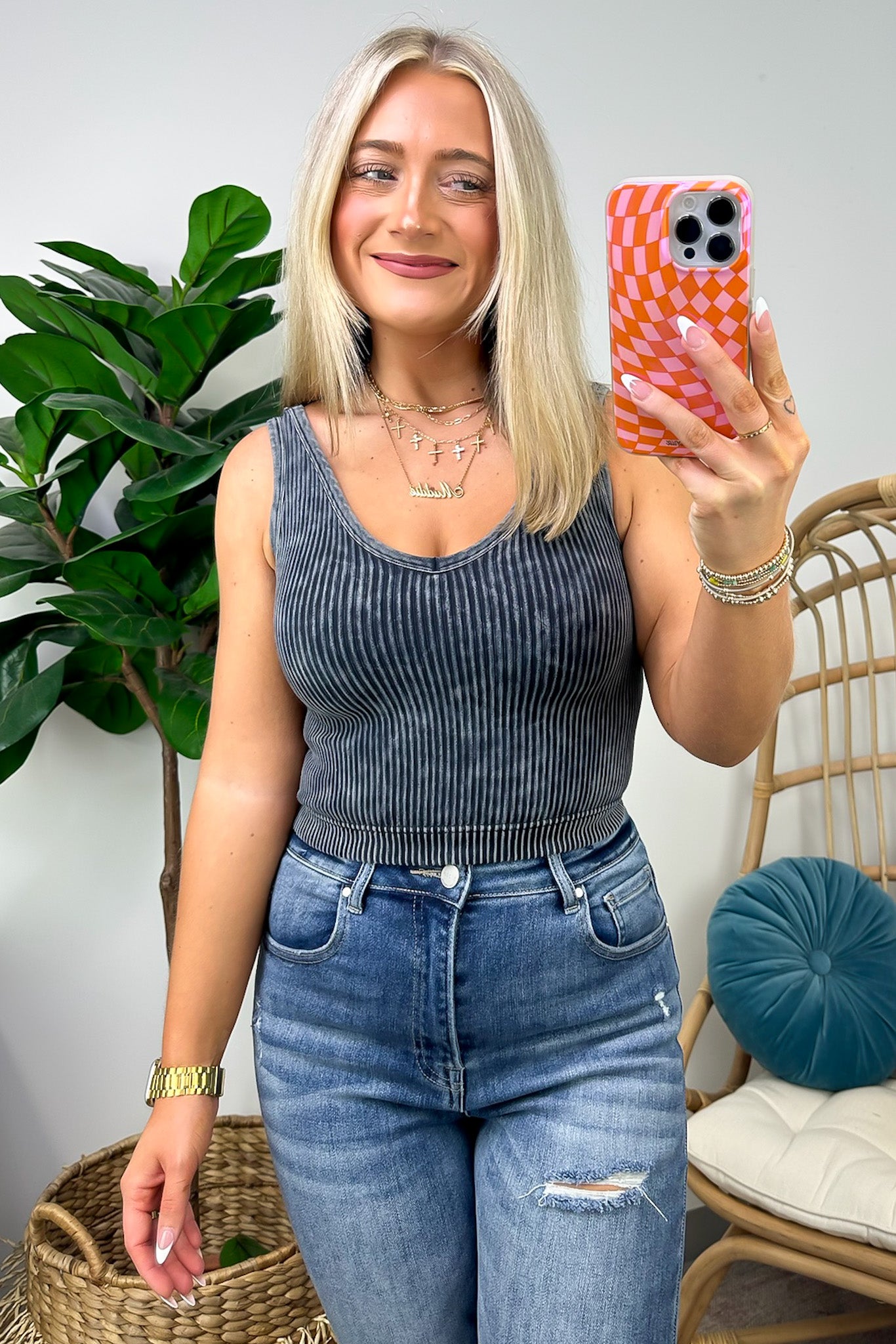 Dream Weekend Acid Wash Two-Way Neckline Tank Top - FINAL SALE - Madison and Mallory