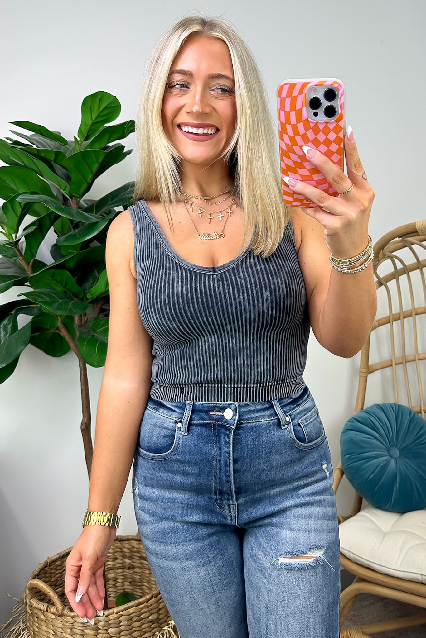 Ash Black / SM Dream Weekend Acid Wash Two-Way Neckline Tank Top - FINAL SALE - Madison and Mallory