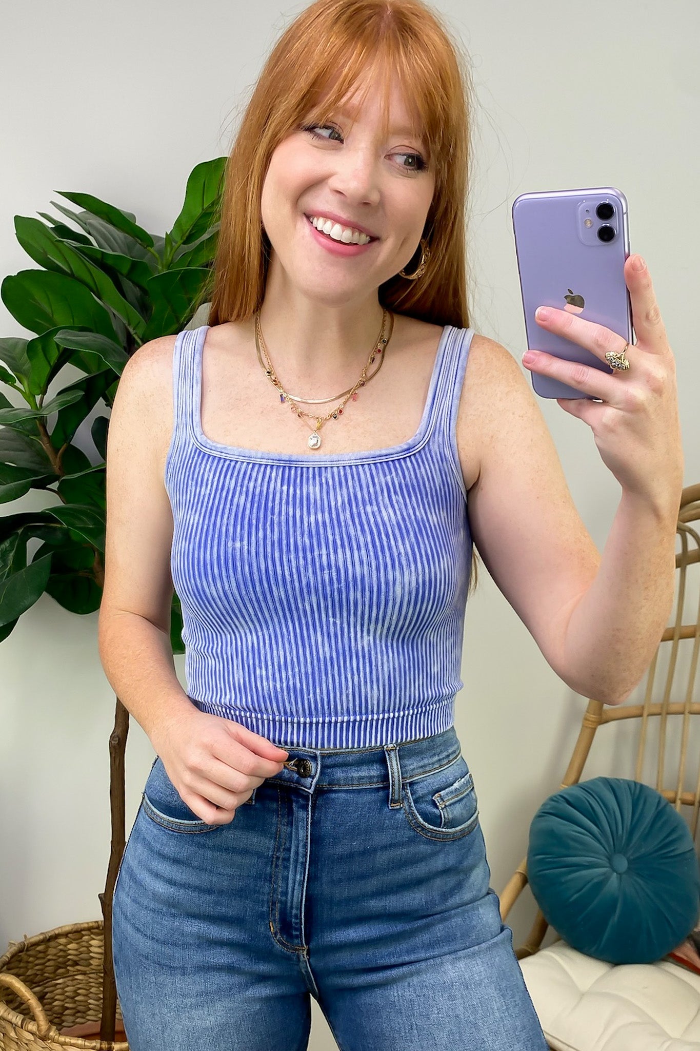 Light Indigo / SM Dream Weekend Acid Wash Two-Way Neckline Tank Top - FINAL SALE - Madison and Mallory