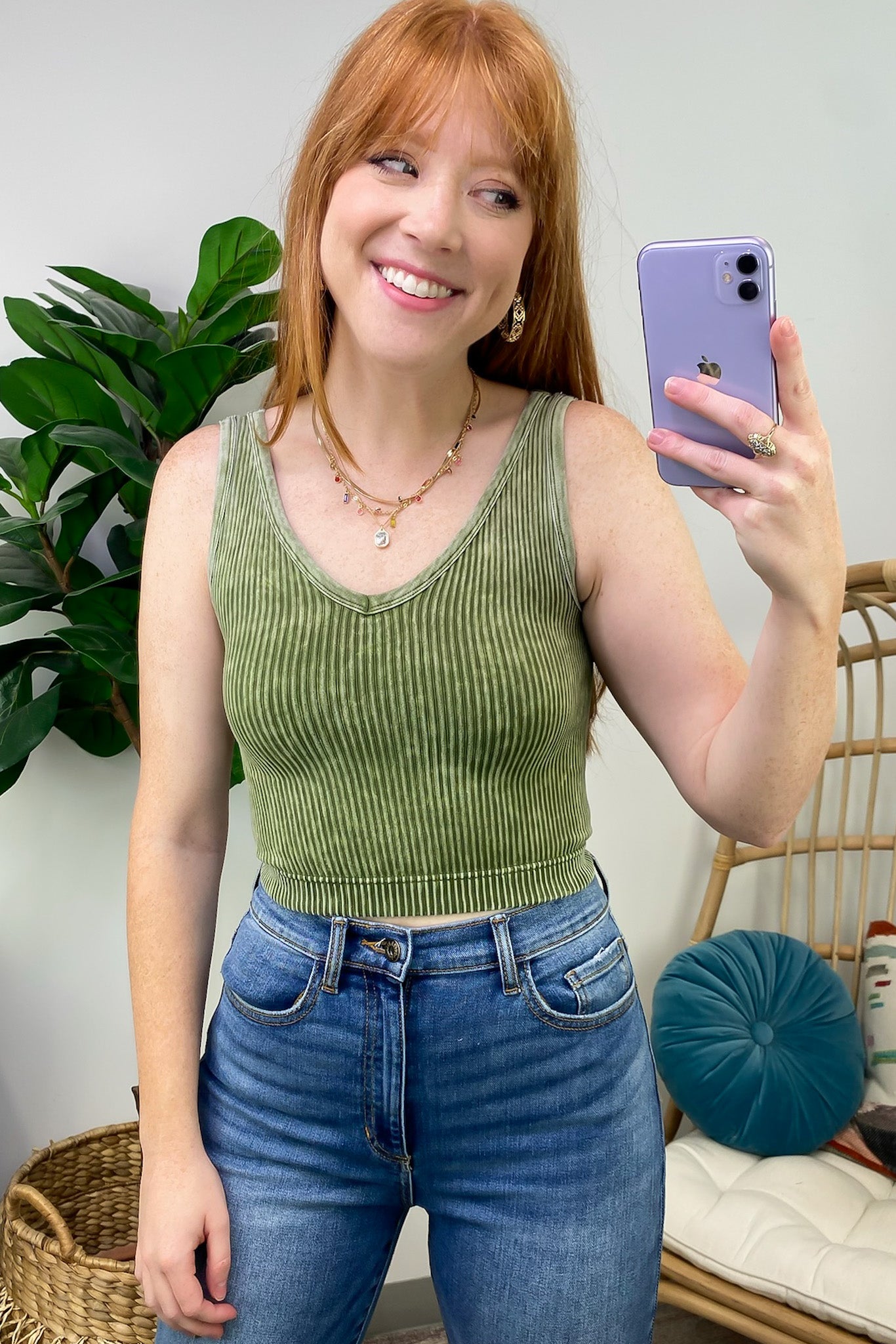 Ash Olive / SM Dream Weekend Acid Wash Two-Way Neckline Tank Top - FINAL SALE - Madison and Mallory