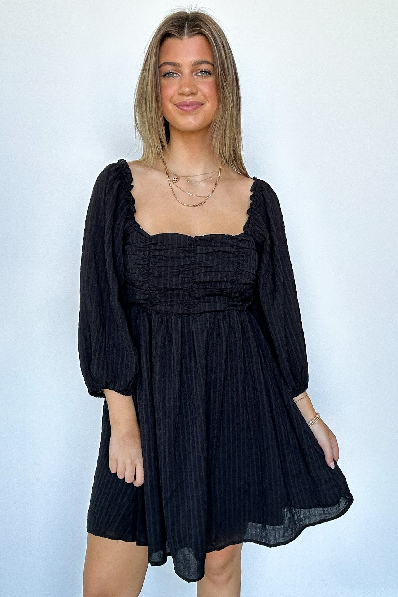 smocked black mini dress Easily Effortless Smocked Puff Sleeve Dress